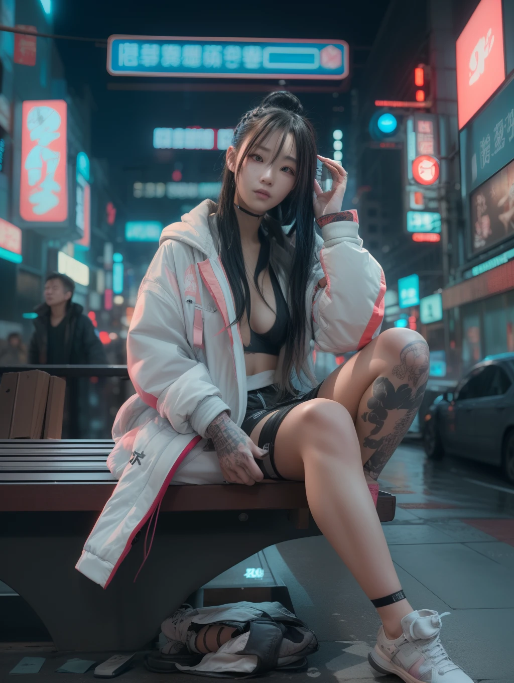 masterpiece、hightquality、Soio、beautiful model、Back lighting、beautiful hairl、A detailed eye、Dramatic scenes、À la Fed woman sitting on a city bench with neon sign, Blade Runners Air、full body Esbian、Cinematic. leng jun, Anime style mixed with Fujifilm, mid shot portrait, cyberpunk streetwear, Inspired by Liam Wong, inspired by Kanō Naizen, cyberpunk vibe, cyberpunk photo, muted cyberpunk style, Medium shot portrait, hyper-realistic cyberpunk style, wearing cyberpunk streetwear、Powerful Hand Pose、low angles、wide-angle lens、14mm lens、sigma、Depth of subject、8K High Resolution、细致背景、Drawing with enhanced hair details、A detailed face、more hair、Detailed nose、Detailed mouth、Detailed body、stares at the camera、Hair details