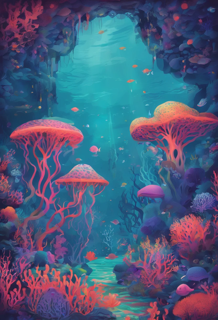 Colorful coral reefs,Underwater Kingdom,Glowing underwater plants,Yayoi Kusama,Dreamy,Dreamlike scenery,an octopus,the shark