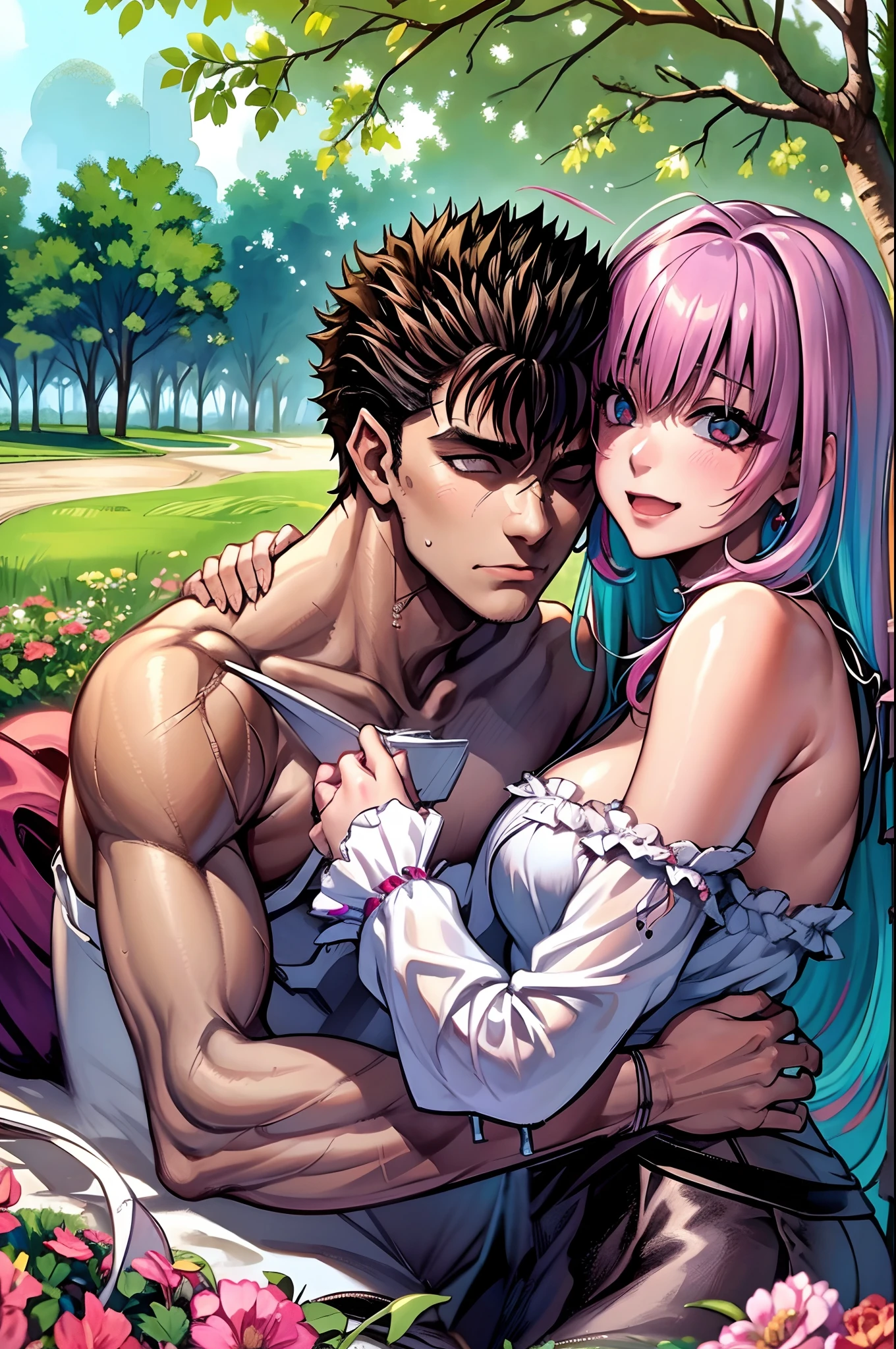 (ultra-detailed, highres, 1.37), (HDR, vivid colors), couple in love, riamu and guts, a beautiful sunny day in the park, husband and wife enjoying a romantic picnic under a shady tree. The couple's affectionate gestures and loving smiles create a heartwarming atmosphere. The sunlight softly illuminates their faces, highlighting their beautiful eyes and joyful expressions. The composition captures a tender moment as the husband leans in to plant a gentle kiss on his wife's cheek. The scene is filled with happiness and love, with colorful flowers in full bloom and a gentle breeze rustling the leaves. The vibrant colors and realistic details bring the image to life, creating a stunning masterpiece that perfectly captures the essence of a blissful couple's love and affection.