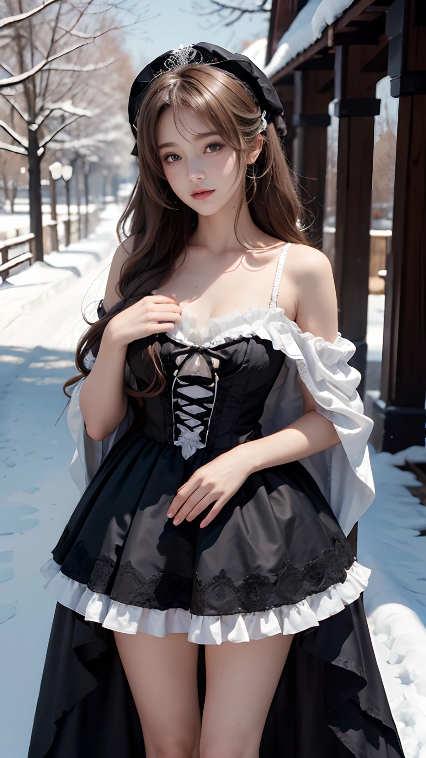 8K, best qualtiy, Masterpiece, photograph realistic, Hide your face with happiness, Black Lolita costume, Lace, Aerith Gainsborough, Whole body, undergarments, exposed bare shoulders, do lado de fora, outside, Covered with snow, cloaks, high high quality, Adobe Lightroom, highdetailskin, looking at viewert,