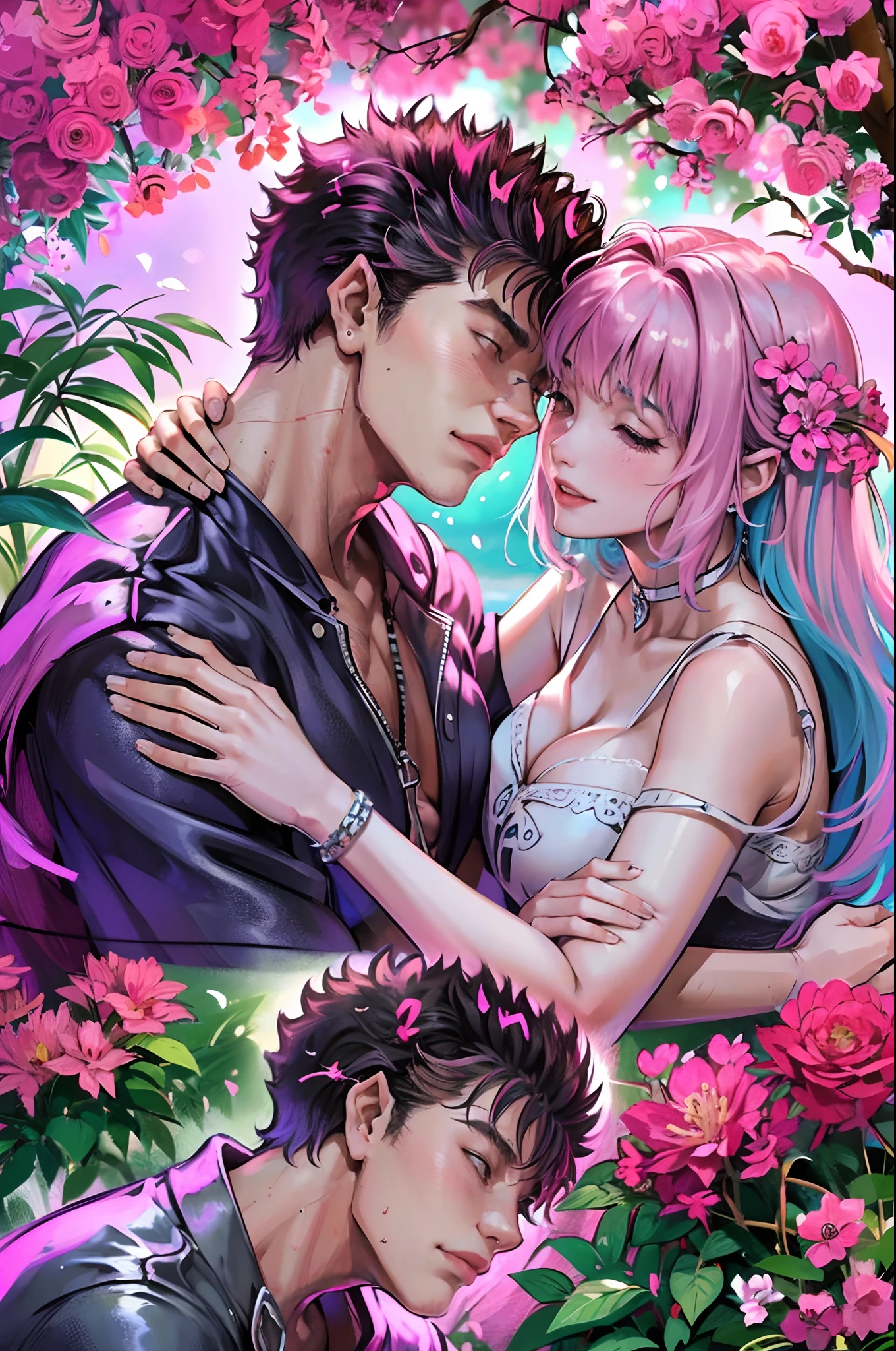 (ultra-detailed, highres, 1.37), (HDR, vivid colors), couple in love, riamu and guts, a beautiful sunny day in the park, husband and wife enjoying a romantic picnic under a shady tree. The couple's affectionate gestures and loving smiles create a heartwarming atmosphere. The sunlight softly illuminates their faces, highlighting their beautiful eyes and joyful expressions. The composition captures a tender moment as the husband leans in to plant a gentle kiss on his wife's cheek. The scene is filled with happiness and love, with colorful flowers in full bloom and a gentle breeze rustling the leaves. The vibrant colors and realistic details bring the image to life, creating a stunning masterpiece that perfectly captures the essence of a blissful couple's love and affection.