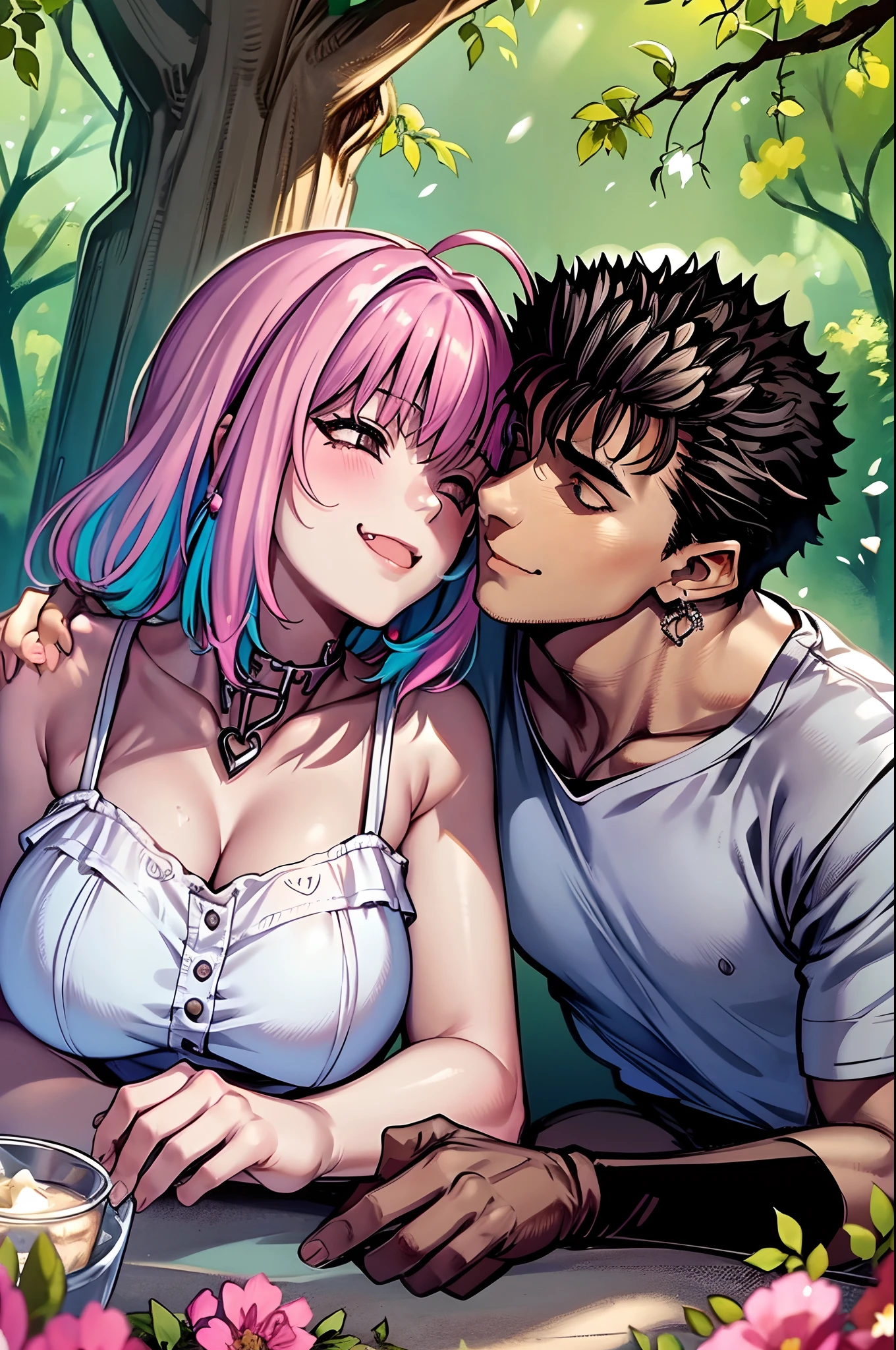 (ultra-detailed, highres, 1.37), (HDR, vivid colors), couple in love, riamu and guts, a beautiful sunny day in the park, husband and wife enjoying a romantic picnic under a shady tree. The couple's affectionate gestures and loving smiles create a heartwarming atmosphere. The sunlight softly illuminates their faces, highlighting their beautiful eyes and joyful expressions. The composition captures a tender moment as the husband leans in to plant a gentle kiss on his wife's cheek. The scene is filled with happiness and love, with colorful flowers in full bloom and a gentle breeze rustling the leaves. The vibrant colors and realistic details bring the image to life, creating a stunning masterpiece that perfectly captures the essence of a blissful couple's love and affection.