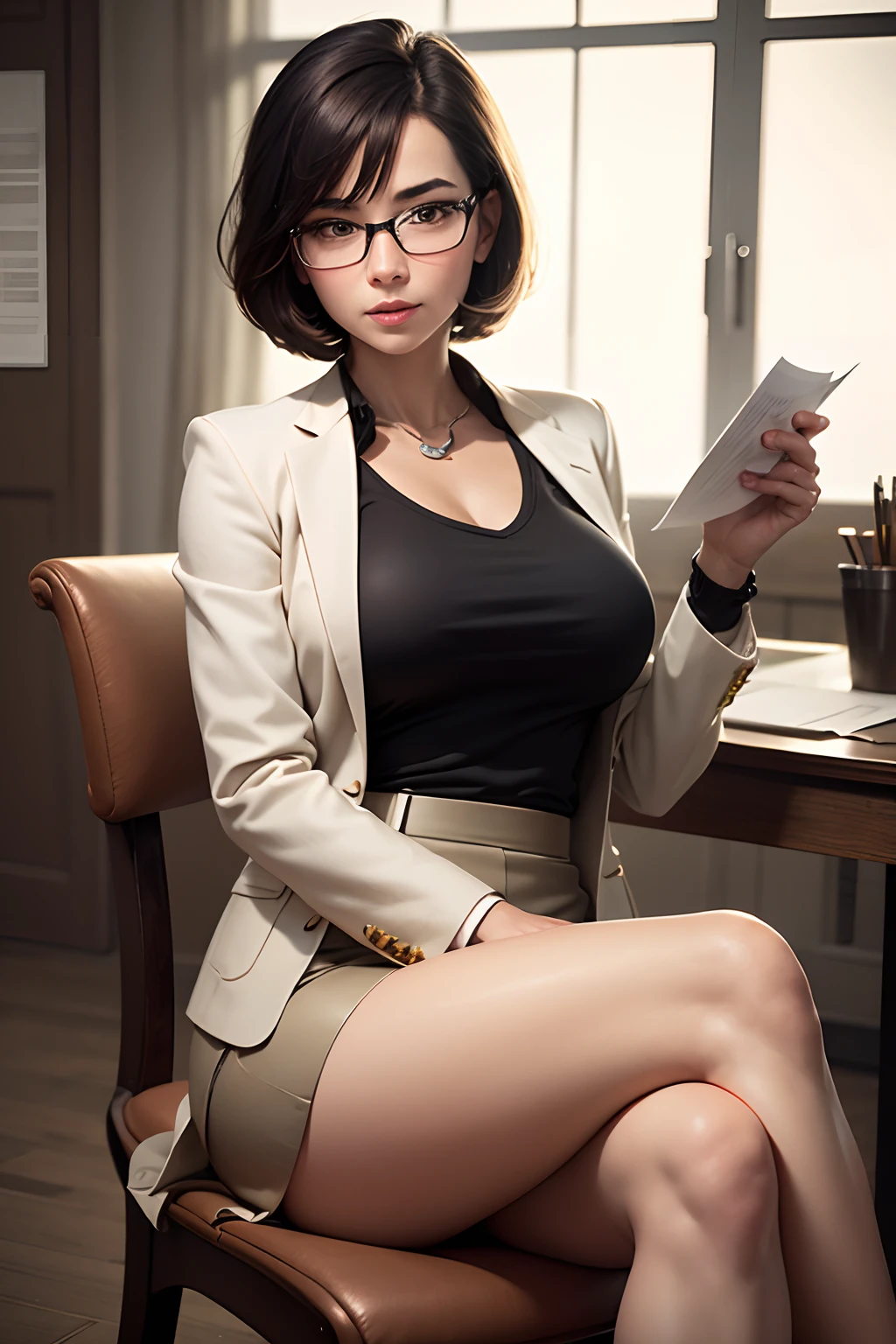 (8K,Photorealsitic Raw photography top-quality;1.4) (1 mature female) Super beauty (Lifelike face) Muscular and macho female body (Black hair short bob) Elite Female Head enticing Beautiful expression Silver glasses White blouse and brown skirt Wear a brown jacket 超A high resolution A hyper-realistic real looking skin high detal A room in the company Sitting cross-legged in a fancy chair with documents in hand