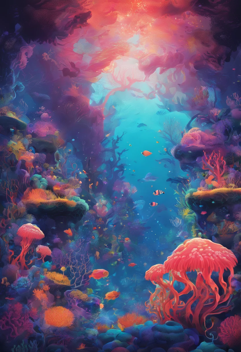 Colorful coral reefs,Underwater Kingdom,Glowing underwater plants,Yayoi Kusama,Dreamy,Dreamlike scenery,an octopus,the shark