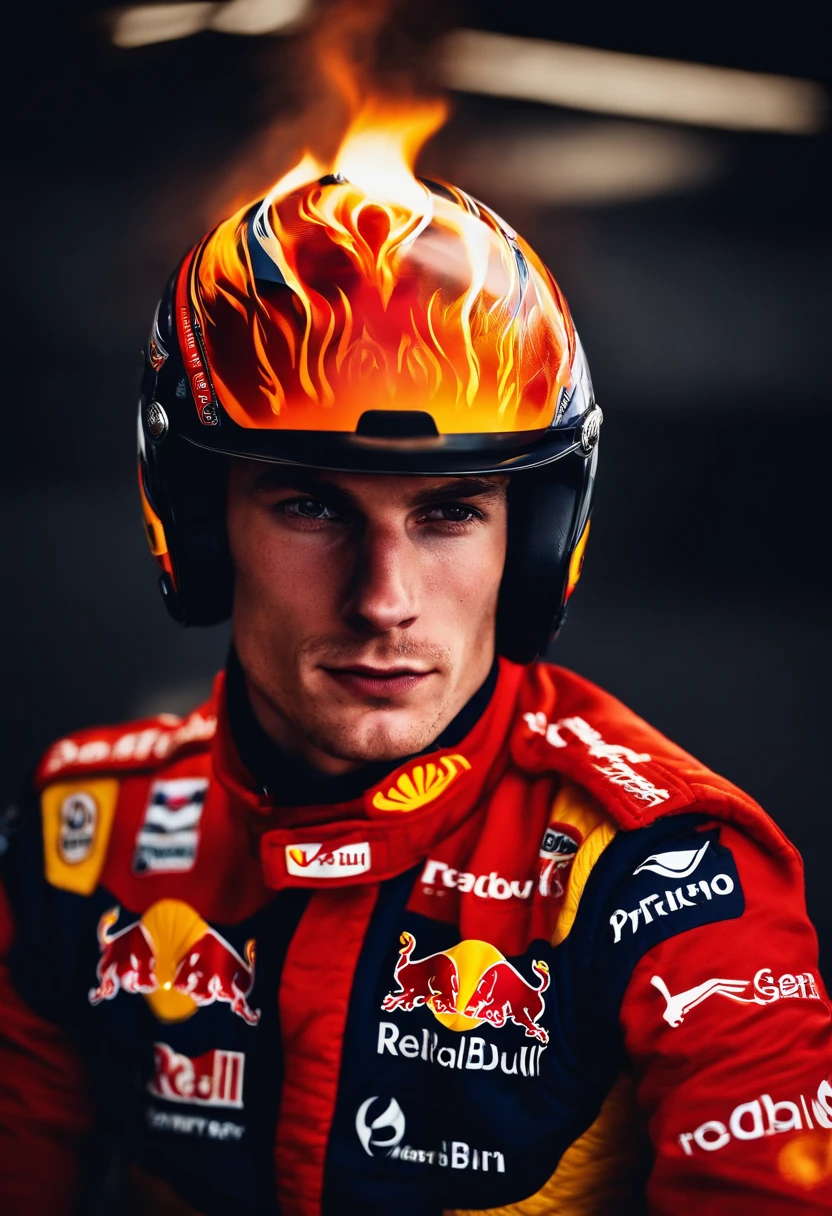 Max Verstappen, Realstic, Pilote de Formule 1, In Red Bull Racing clothing, Portrait with face and shoulders, Dark Background in Flame, sans casquette