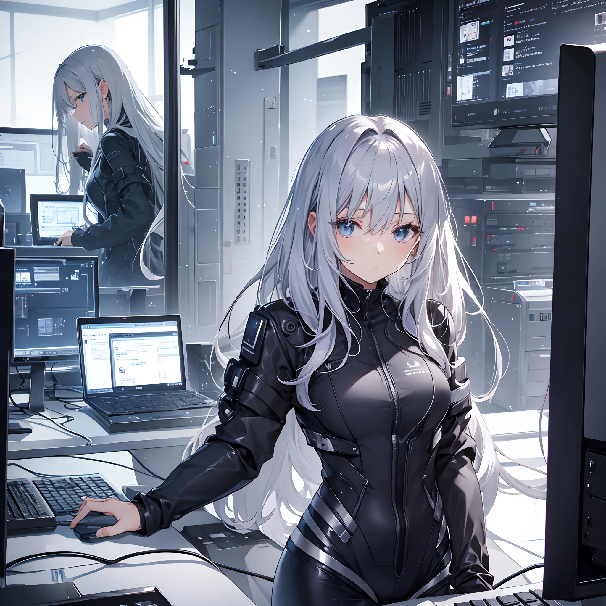 Silver-haired woman、One woman、20yr old、AI、Black clothe、plugsuit、top-quality、computers、lab