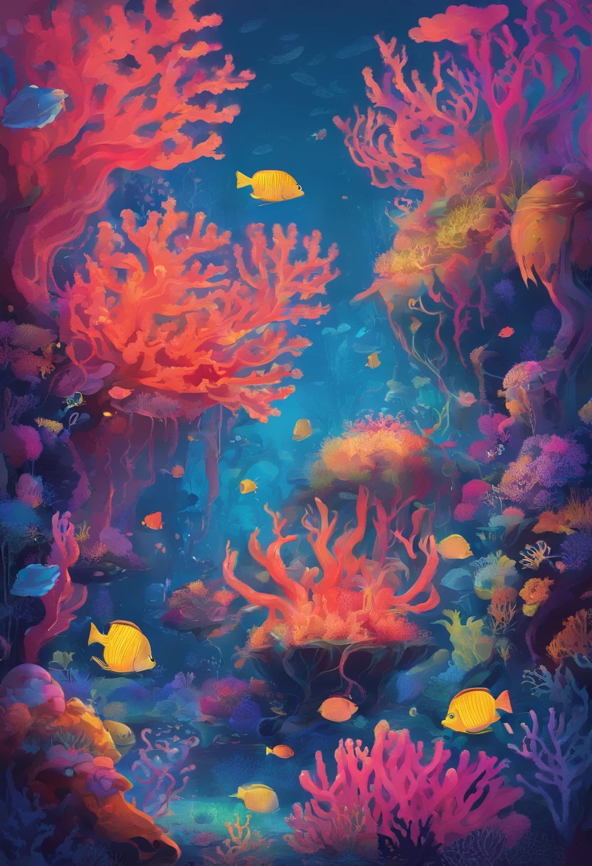 Colorful coral reefs,Underwater Kingdom,Glowing underwater plants,Yayoi Kusama,Dreamy,Dreamlike scenery,an octopus,the shark