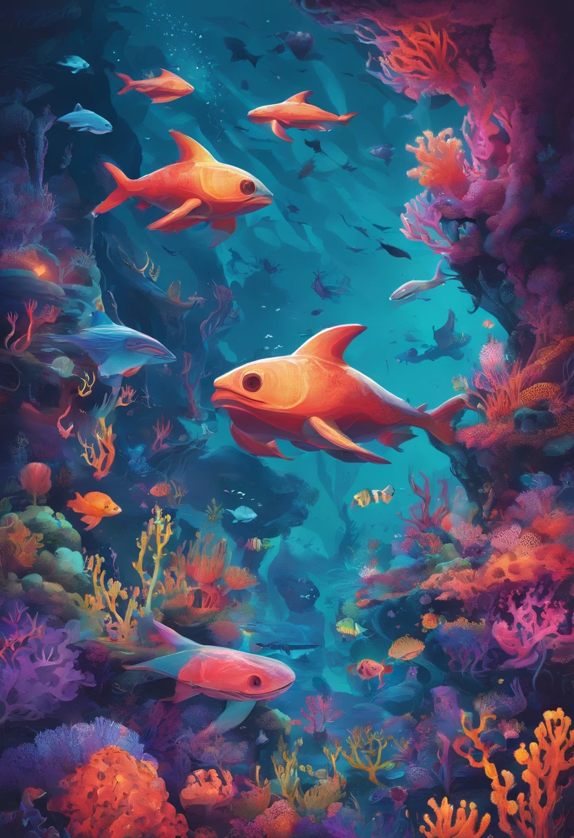Colorful coral reefs,Underwater Kingdom,Glowing underwater plants,Yayoi Kusama,Dreamy,Dreamlike scenery,an octopus,the shark