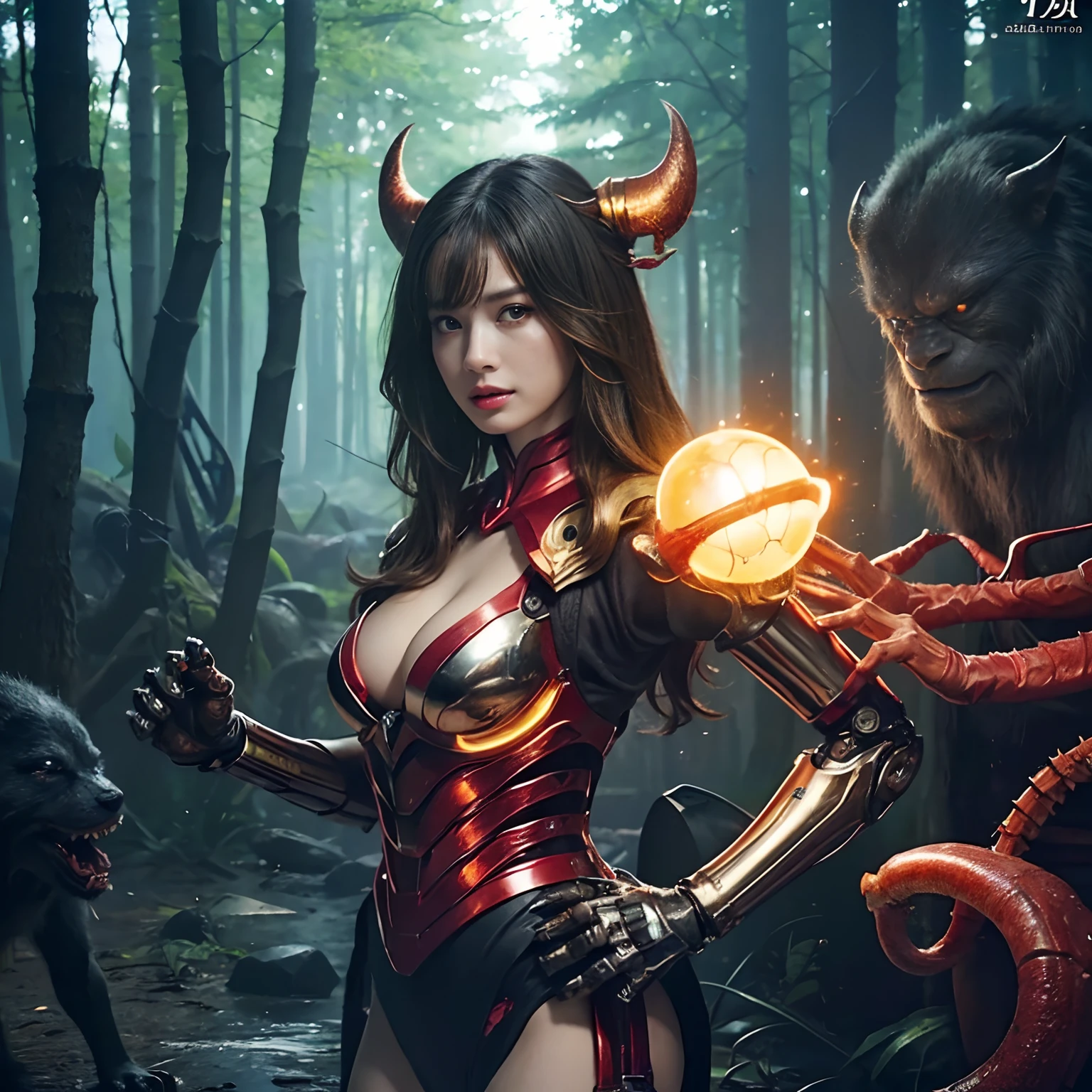 (1 Mechanical Girl)、top-quality、masterpiece、超A high resolution、(Photorealsitic:1.4)、Raw photo、女の子1人、Fight mutants、glowy skin、(((1 Mechanical Girl)))、With a beautiful knife、(Yellow Metal Bodysuit)、(Kobold、ogre、Fierce battle with orcs),(Fight fiercely against aliens)、Fight fiercely、(beautiful forest background)、(Fighting Demonic Beasts)、(Small LED)、((super realistic details))、portlate、(Strong giant demon beast background),globalillumination、Shadow、octan render、8K、ultrasharp、Colossal tits、Raw skin is exposed in cleavage、metals、Details of complex ornaments、Japan details、highly intricate detail、Realistic light、(Mystical expression),CGSoation Trends、Red Eyes、radiant eyes、Facing the camera、neon details、(Mechanical limbs)、(blood vessels connected to tubes)、Mechanical vertebrae attached to the back、mechanical cervical attaching to neck、(Wires and cables connecting to the head)、Gundam、Small LED、,Mechanical thighs、Toostock、(Hands are also made of machines)、(Attack of the Monster Beasts)、(Wounded in a deadly battle)、