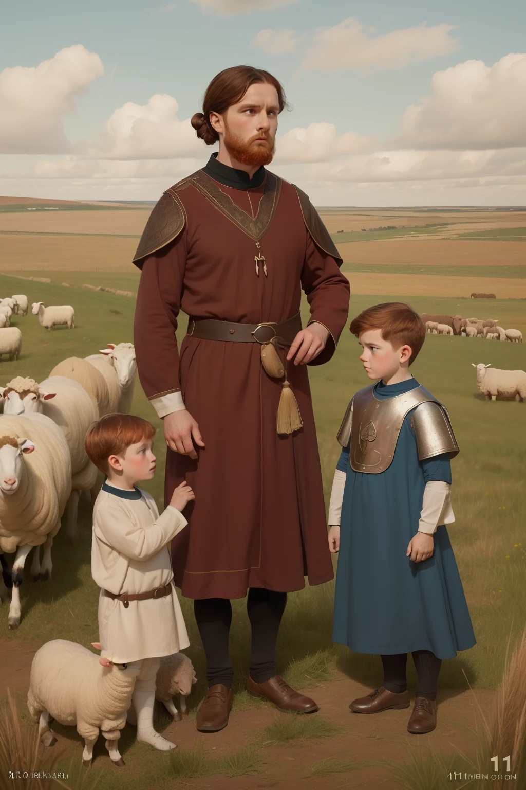 Year: 11th century. Location: Kilmarnock, Scotland. Pre-raphaelite scene with a 32-year-old english man, physician, with redhead wife and ((two sons)), ((8 and 7-year-old boys)), sheep in the distance, ((((11th century plain tunic)))) ((11th century hairstyle)), (((cinematic style)))