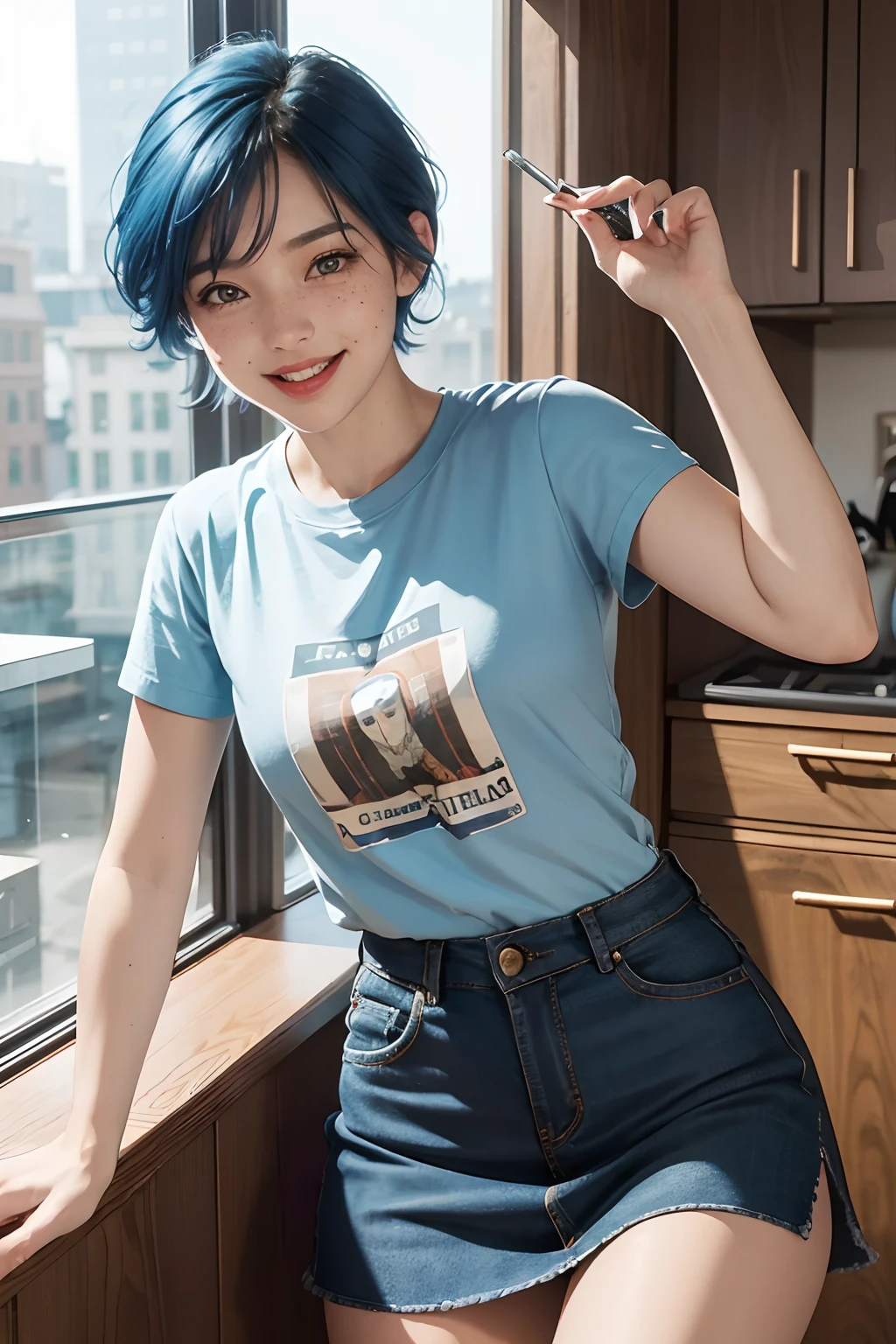 (best quality, masterpiece) 1woman wearing a short skirt and a T-shirt, with short hair, blue hair, brown eyes, has freckles, the woman has a playful laugh.