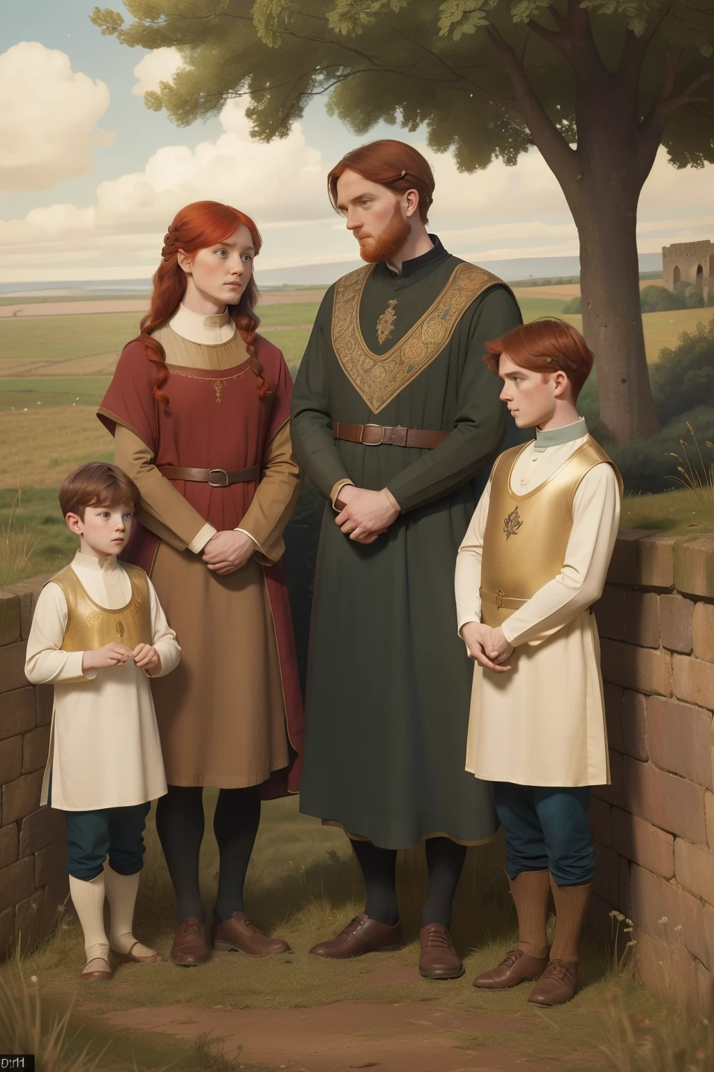Year: 11th century. Location: Kilmarnock, Scotland. Pre-raphaelite scene with a 32-year-old english man, physician, with redhead wife and ((two sons)), ((8 and 7--old s)), sheep in the distance, ((((11th century plain tunic)))) ((11th century hairstyle)), (((cinematic style)))