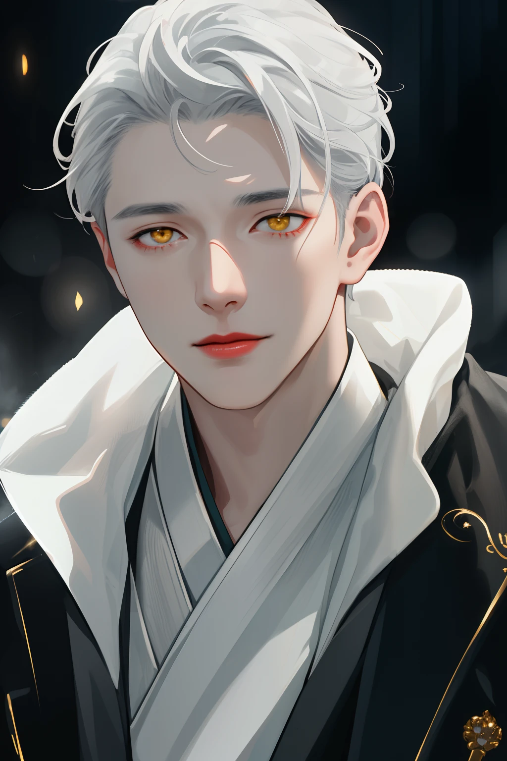 offcial art, Masterpiece, 1 boy, 1 man, 1 male, A man, Sharp focus, (Korean man:1.3), (Handsome man Korean:1.3), Korean handsome, Delicate and masculine hair,Eyes and face, Realistic, Ultra detailed, Handsome man, Luminous white particles, (side-lighting:1.2), scenery, White as a spring's hair, Cool expression, Dynamic hair, Delicate gray hair, Glowing yellow eyes, Sexy, In the dark, deepshadow, low tune, Cold light, Dynamic light, Cinematic lighting, Cinematic lighting, Mature man, facial closeups, detail in face, Red lip detail, very detail eyes, detailedface, detail in face, detail, Utra details, The is very detailed, highly details, Ultra detail,