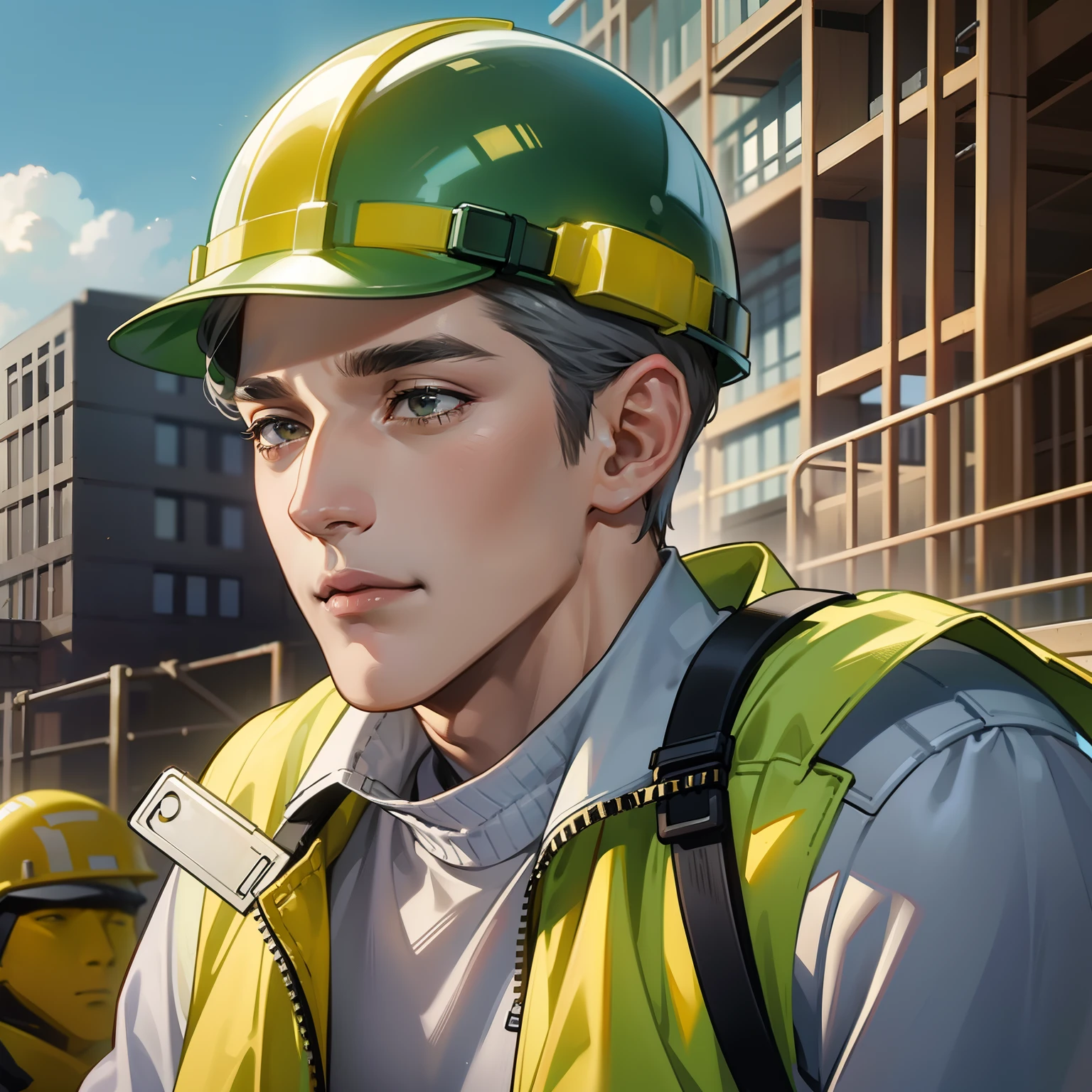 Male, middle-aged, gray hair, wrinkles, dark skin, wearing yellow hard hat, yellow vest, construction site background