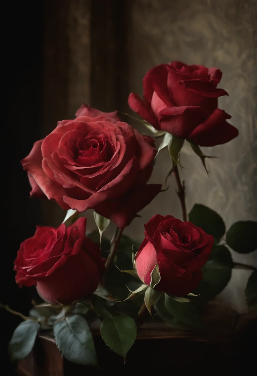 A detailed description of the prompt:
"Best quality, A high resolution, Masterpiece:1.2, Ultra-detailed, Realistic:1.37, Wilted roses,rose petals,Dark Still Life, Oil painting, mystical ambiance, Dim lighting, Rich textures, Vivid colors, Intricate details, intense shading, Aging objects, Withered red roses Delicate reflection, GLOOMY AMBIANCE, hauntingly beautiful, Creepy elements, Delicate brushstrokes, Engaging composition。。, Classical art style, Tonal contrast, Dramatic shadows, Spooky existence, Incredible objects, Intricate decay details, Gloomy color palette, The depth and dimensions of the capture, Emotions hidden in the dark, Realistic rendering, Strong chiaroscuro, Delicate texture, Tiny details of each object, An impeccable depiction of aging, Unforgettable vulnerability, Ethereal atmosphere, Complex layers of symbolism."