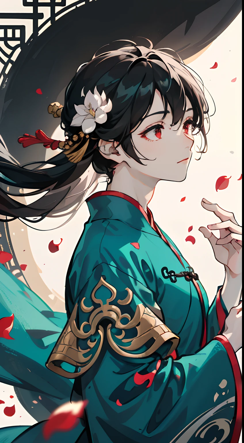 Mature boy, dark-red eyes, black-white hair color, floating hair, delicate and flexible eyes,perfect hands, intricate damask hanfu, side view, fov, f/1.8, masterpiece, ancient Chinese architecture, teal, flower petals flying, front portrait shot, Chang'e, side lighting, sunlight on people, 8K