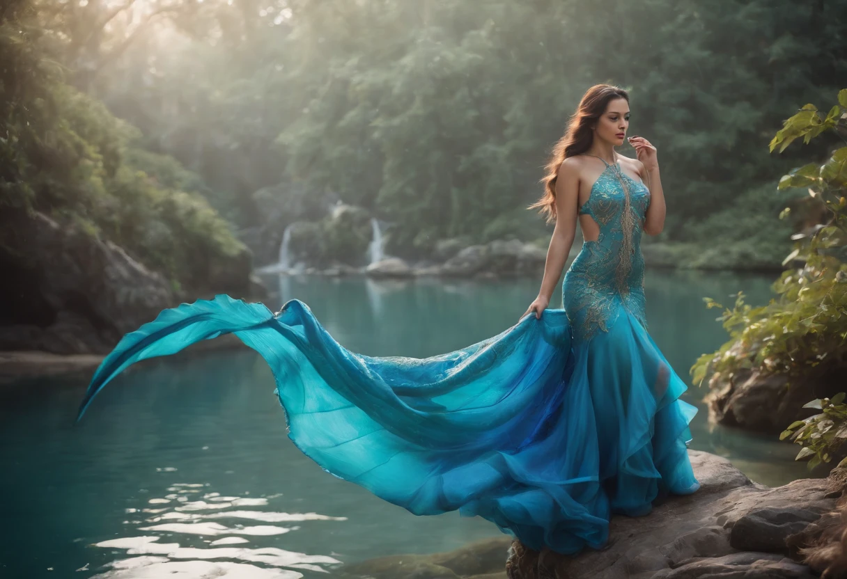 (The background is a Chinese dragon,loong,Dragon King),((The vibrant mermaid glides gracefully across the crystal clear ocean),majestic creature,Such as sharks and dolphins swimming playfully around her,A magnificent blue dragon emerges from the depths,Sparkling scales in the sun,A woman riding on another dragon),Magical realm,Stunning blue dress,Colorful mermaid tail,Harmony between land and sea,Mythical creatures live in perfect harmony with humans, Breathtaking pictures of wonders and imagination