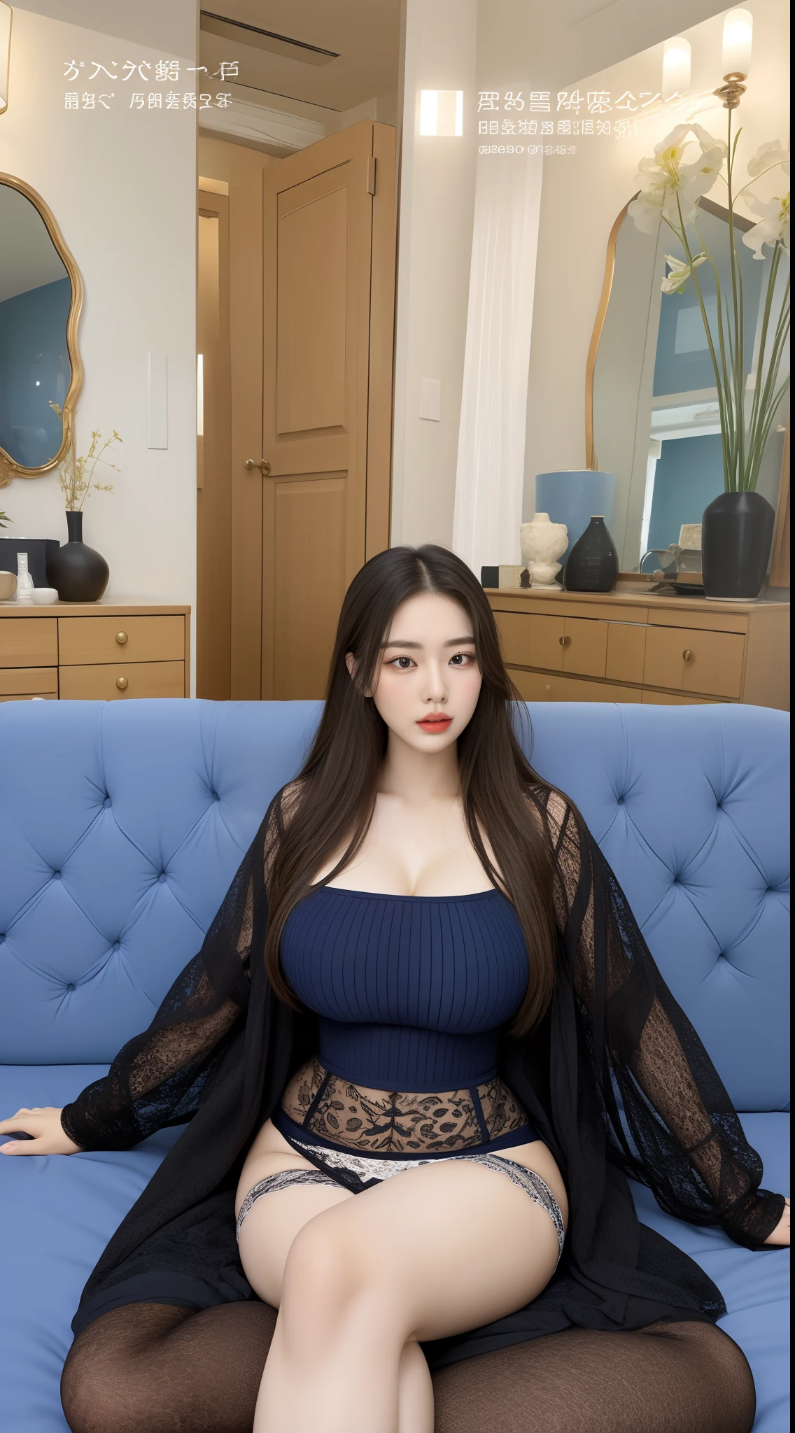 1 very mature woman, superlative, masterpiece, sitting on bed, seduction, pure white microbikini, lace stockings, full body super close-up shot, SFW cover SFW, very big breasts, very big buttocks, thick thighs, nipple cover, areola cover, long straight hair ribbon with blue black loose, dark makeup, hair ties, slightly open mouth, big eyes, glossy, very pretty face, slender waist, very big breasts, abnormally large breasts