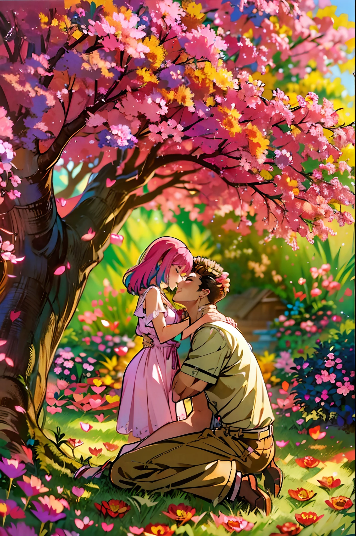 (ultra-detailed, highres, 1.37), (HDR, vivid colors), couple in love, riamu and guts, a beautiful sunny day in the park, husband and wife enjoying a romantic picnic under a shady tree. The couple's affectionate gestures and loving smiles create a heartwarming atmosphere. The sunlight softly illuminates their faces, highlighting their beautiful eyes and joyful expressions. The composition captures a tender moment as the husband leans in to plant a gentle kiss on his wife's cheek. The scene is filled with happiness and love, with colorful flowers in full bloom and a gentle breeze rustling the leaves. The vibrant colors and realistic details bring the image to life, creating a stunning masterpiece that perfectly captures the essence of a blissful couple's love and affection.