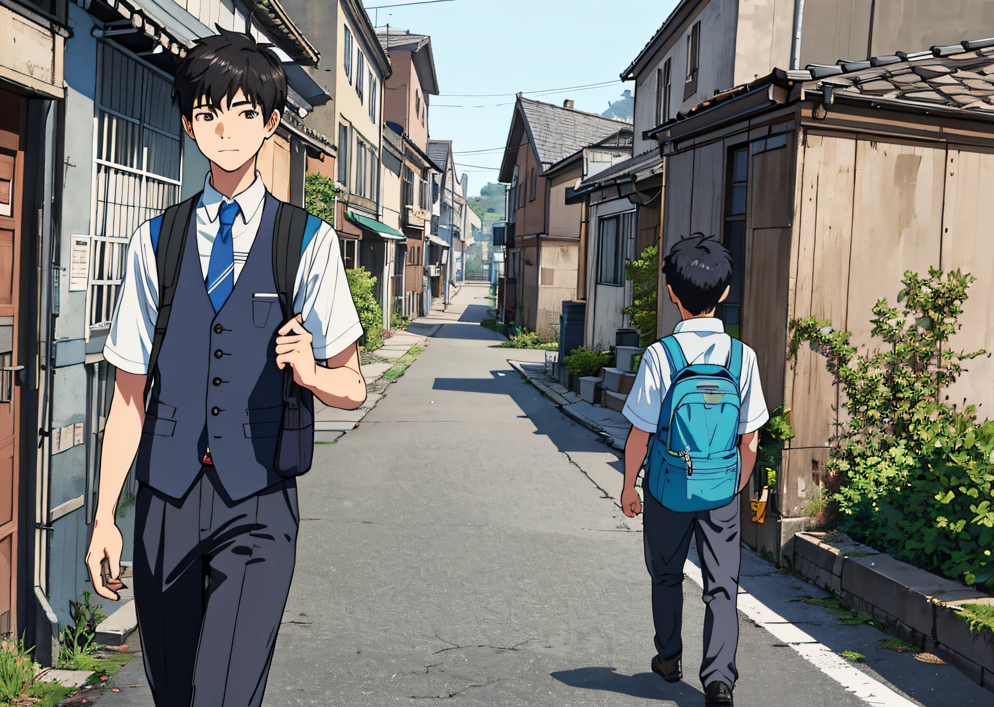 1 boy walking, on the roadside, Carry a school bag