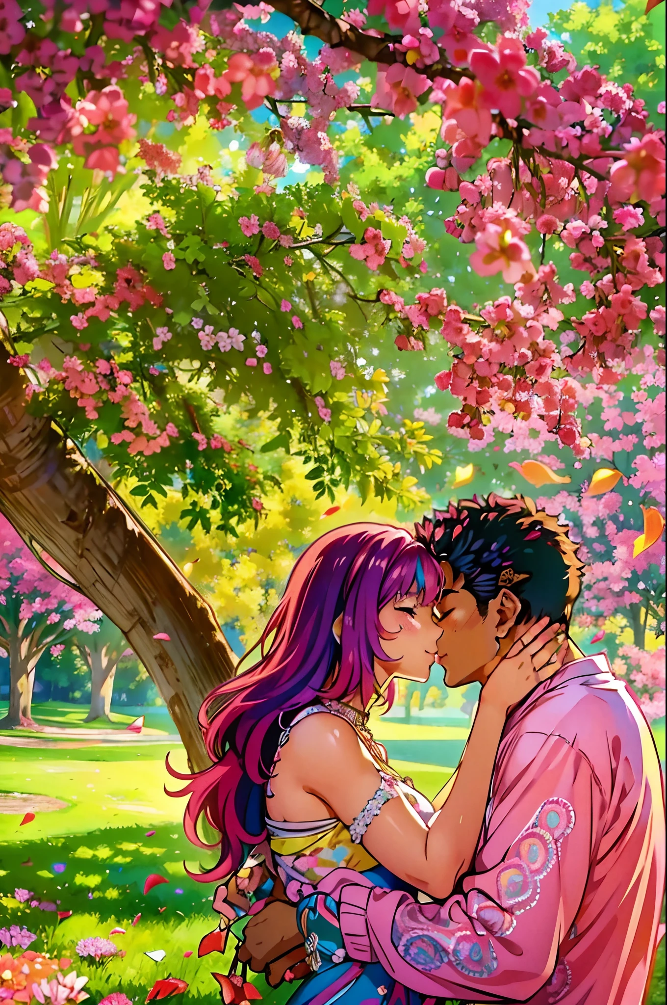 (ultra-detailed, highres, 1.37), (HDR, vivid colors), couple in love, riamu and guts, a beautiful sunny day in the park, husband and wife enjoying a romantic picnic under a shady tree. The couple's affectionate gestures and loving smiles create a heartwarming atmosphere. The sunlight softly illuminates their faces, highlighting their beautiful eyes and joyful expressions. The composition captures a tender moment as the husband leans in to plant a gentle kiss on his wife's cheek. The scene is filled with happiness and love, with colorful flowers in full bloom and a gentle breeze rustling the leaves. The vibrant colors and realistic details bring the image to life, creating a stunning masterpiece that perfectly captures the essence of a blissful couple's love and affection.