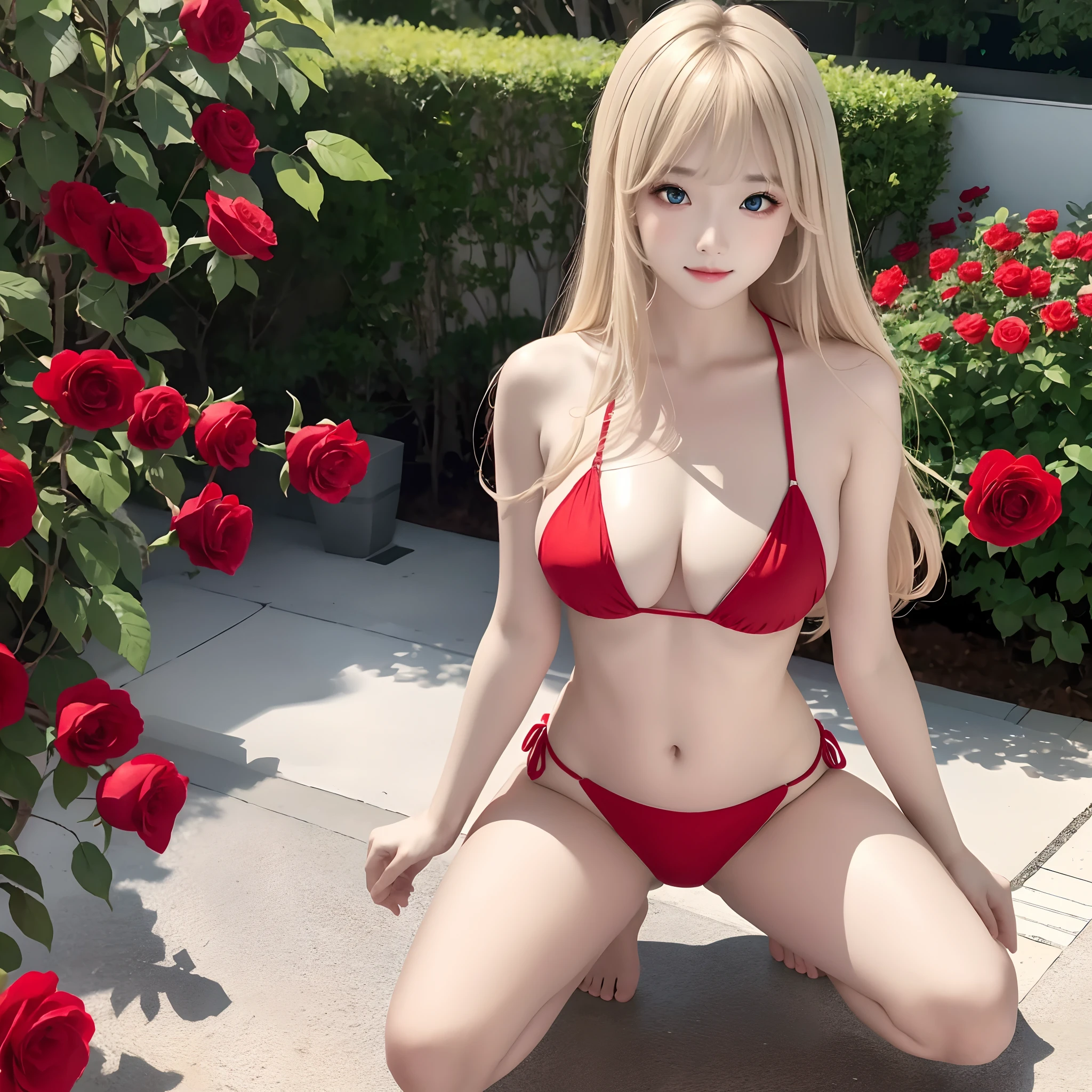 1人、Beautiful girl alone、Blonde with perm、Beautiful eyes、Red bikini、gravure、Kneeling、A sexy、Surrounded by roses