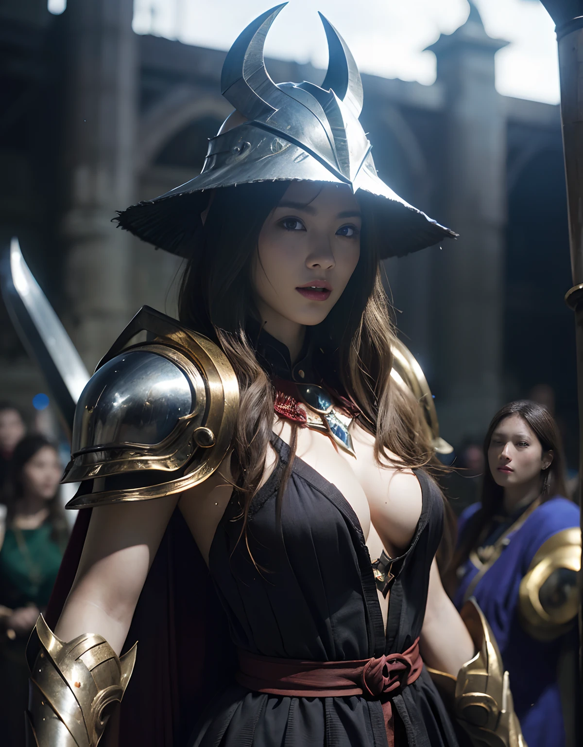 (One Knight Girl)、top-quality、masterpiece、超A high resolution、(Photorealsitic:1.4)、Raw photo、女の子1人、(Wear the Dark Knight's Armor)、glowy skin、(((Dark Fantasy)))、Fight with beautiful swords and shields、(((Mystical expression))),(Gorgeous gold metal body)、(Fight goblins、ogre、Fierce battle with orcs),(Fighting strong enemies)、Fight fiercely、(Background of decaying dungeon ruins)、(Ultimate Beauty)、(Detailed knight's helmet)、(Fighting Demonic Beasts)、(Pointed Hat Wizard Hat)、((super realistic details))、portlate、(Strong giant demon beast background),globalillumination、Shadow、octan render、8K、ultrasharp、Colossal tits、Raw skin is exposed in cleavage、metals、Details of complex ornaments、Japan details、highly intricate detail、Realistic light、(Mystical expression),CGSoation Trends、Red Eyes、radiant eyes、Facing the camera)、Gundam、Small LED、Toostock、(Background of the mutation)、(Attack of the Monster Beasts)、Ultimate Beauty、beautiful female knight、Wear colorful armor、Detailed sword、(Wearing legendary armor)、