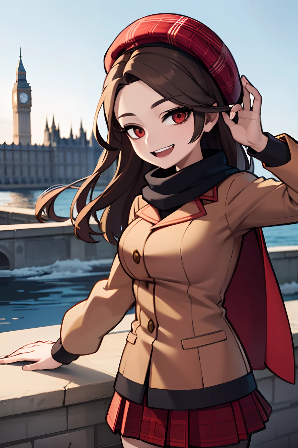 adult woman, brown hair, red eyes, wearing red plaid skirt, smilling, wearing black beret, french style, black coat, 4k, in a place in france, european city smiling, big ben in the background