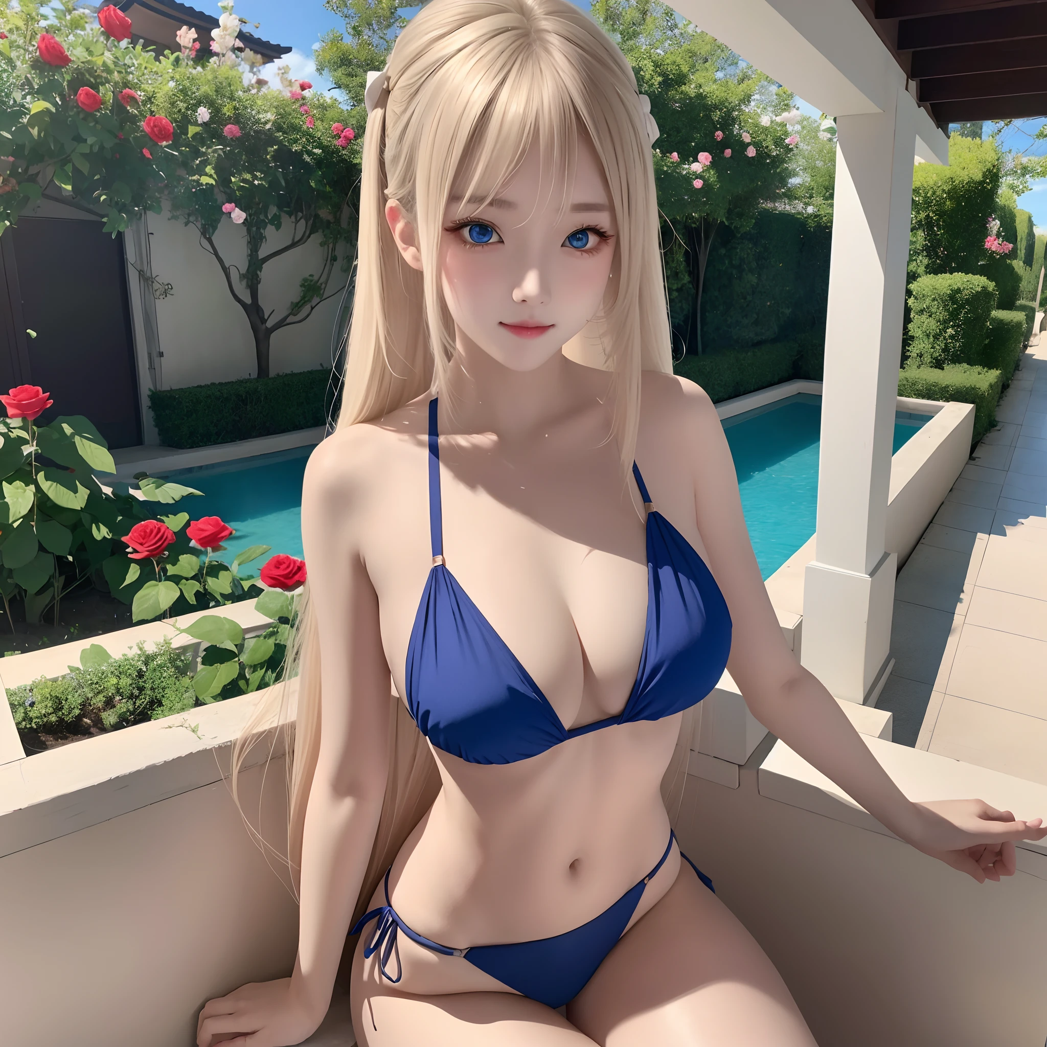1girll、a blond、poneyTail、Blue eyes、Color Bikini、gravure、A sexy、rose garden、