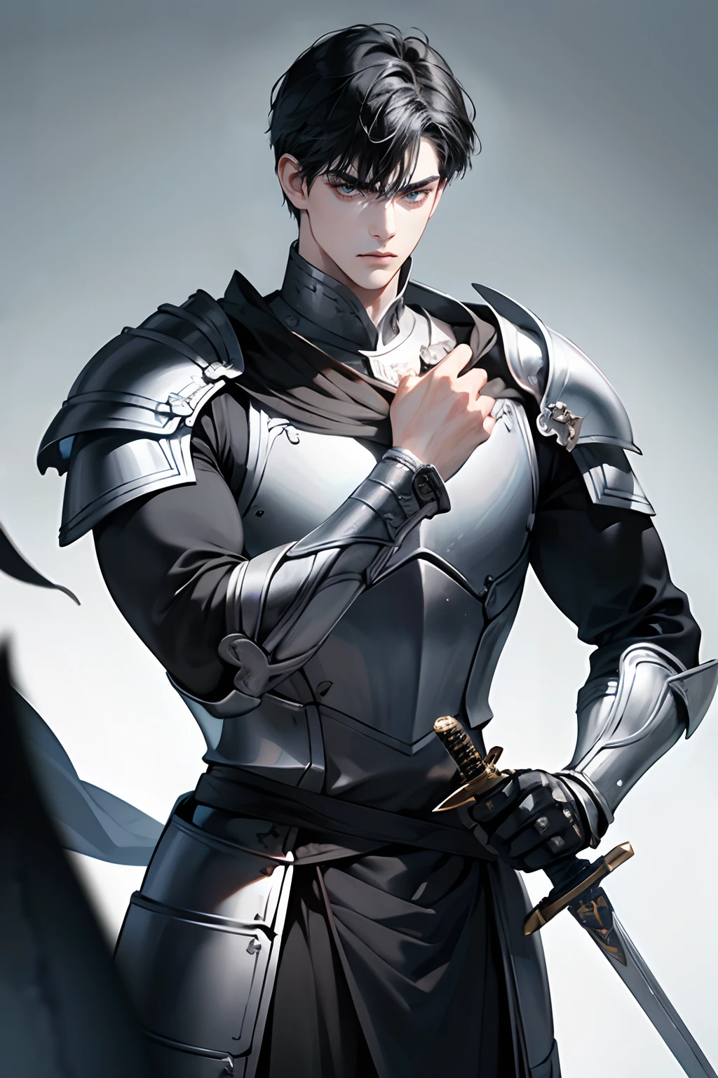 1 boy, Young male, Eyes looking to camera, Perfect male body, (Knight, Tall and strong,Black hair,Frown,silver armor, sword in hand,stand in castle),dramatic shadow, Ray Tracing,Portrait,(tmasterpiece, high resolution, ultra - detailed:1.0)