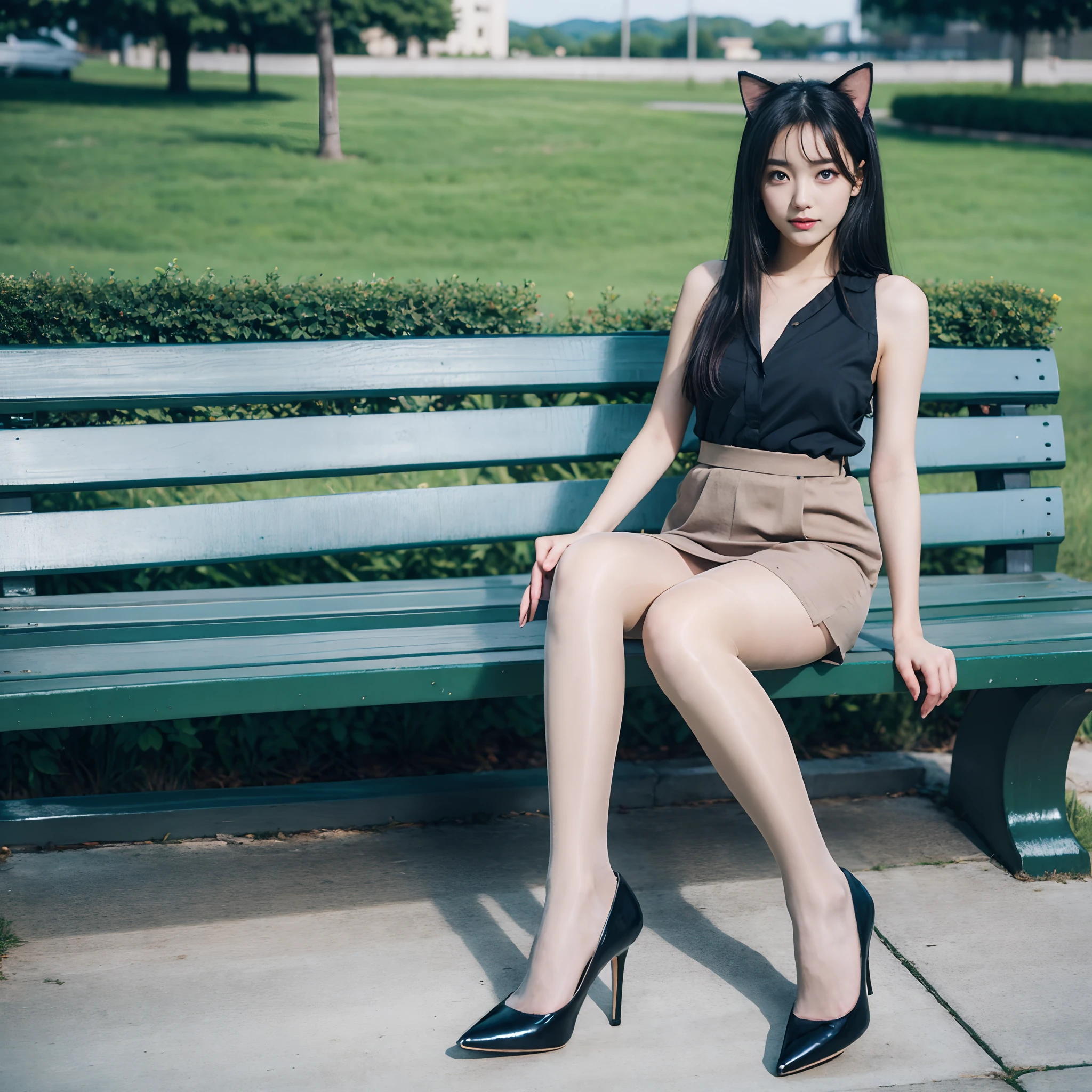 Masterpiece, Best quality, A high resolution, Cat ears, Black hair, Castle background, Green eyes, sitting on a bench,Flesh-colored pantyhose,high-heels,Skirt that wraps hips