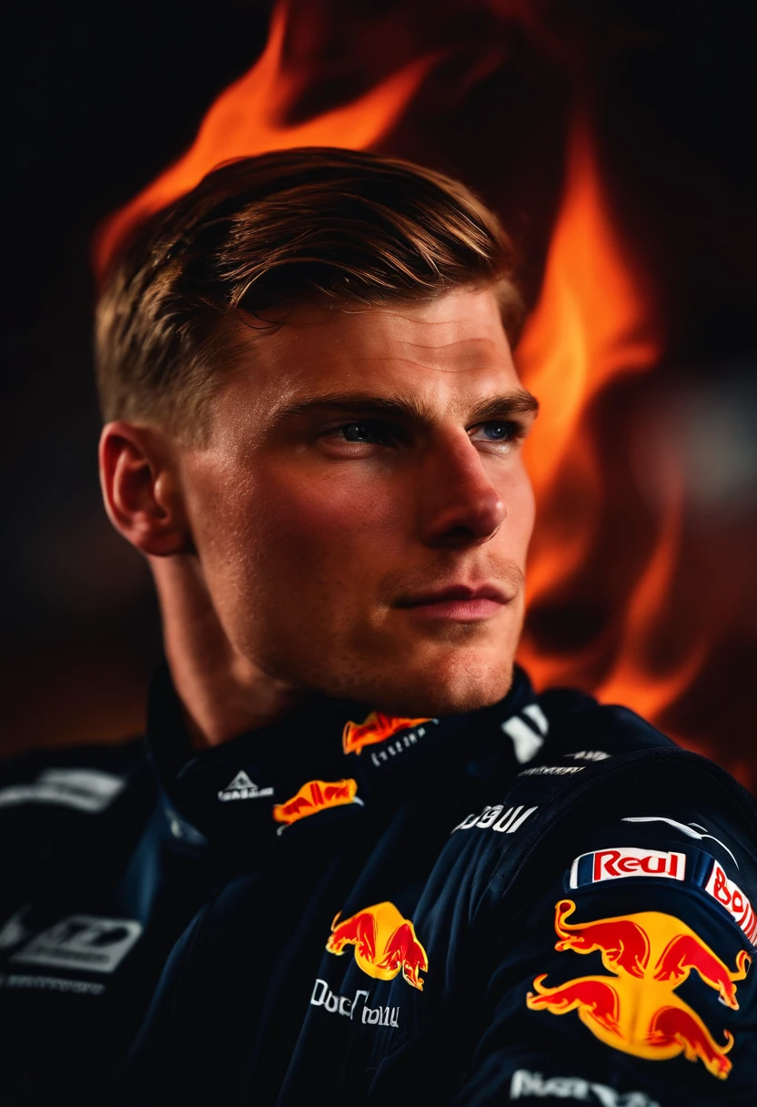 max verstappen, formula one driver, in red bull racing clothes, face and shoulder portrait, flames in background,