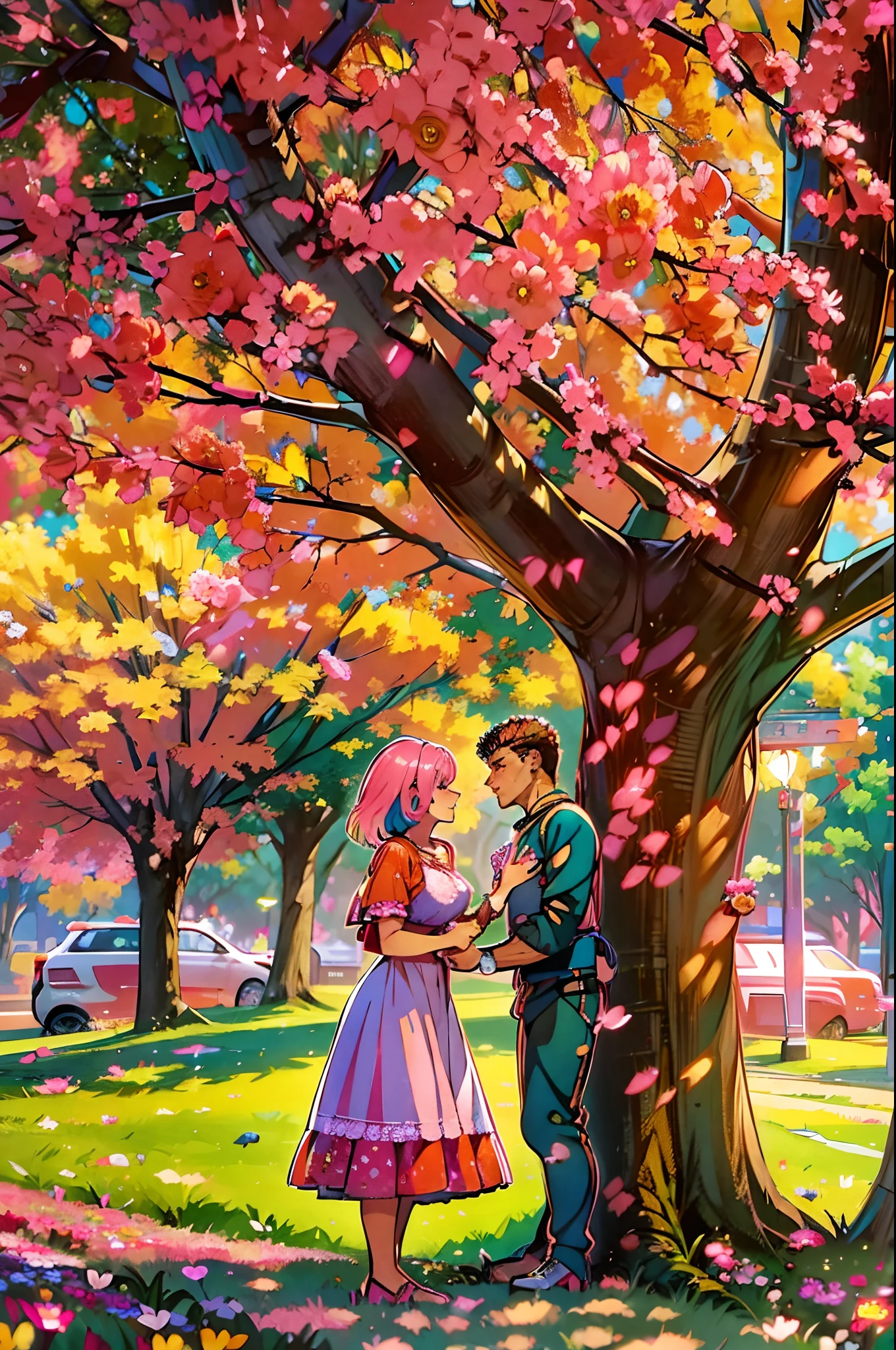 (ultra-detailed, highres, 1.37), (HDR, vivid colors), couple in love, riamu and guts, a beautiful sunny day in the park, husband and wife enjoying a romantic picnic under a shady tree. The couple's affectionate gestures and loving smiles create a heartwarming atmosphere. The sunlight softly illuminates their faces, highlighting their beautiful eyes and joyful expressions. The composition captures a tender moment as the husband leans in to plant a gentle kiss on his wife's cheek. The scene is filled with happiness and love, with colorful flowers in full bloom and a gentle breeze rustling the leaves. The vibrant colors and realistic details bring the image to life, creating a stunning masterpiece that perfectly captures the essence of a blissful couple's love and affection.