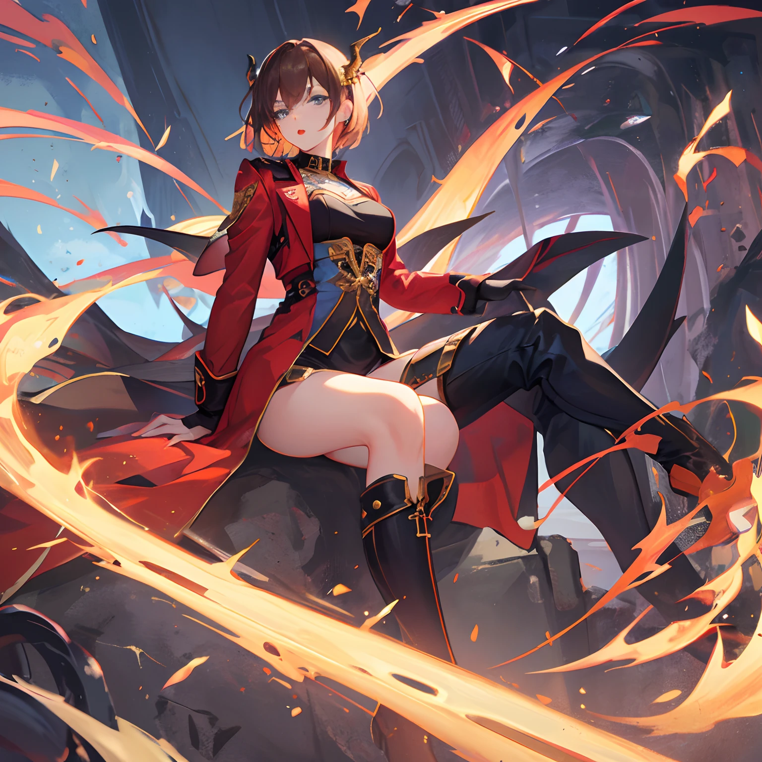 woman, brunette waivy short hair, gold-blue eyes, long boots, red and black outfit modern with oriental elements, dragon horns and dragon tail, red lipstick, in jacket with golden elements