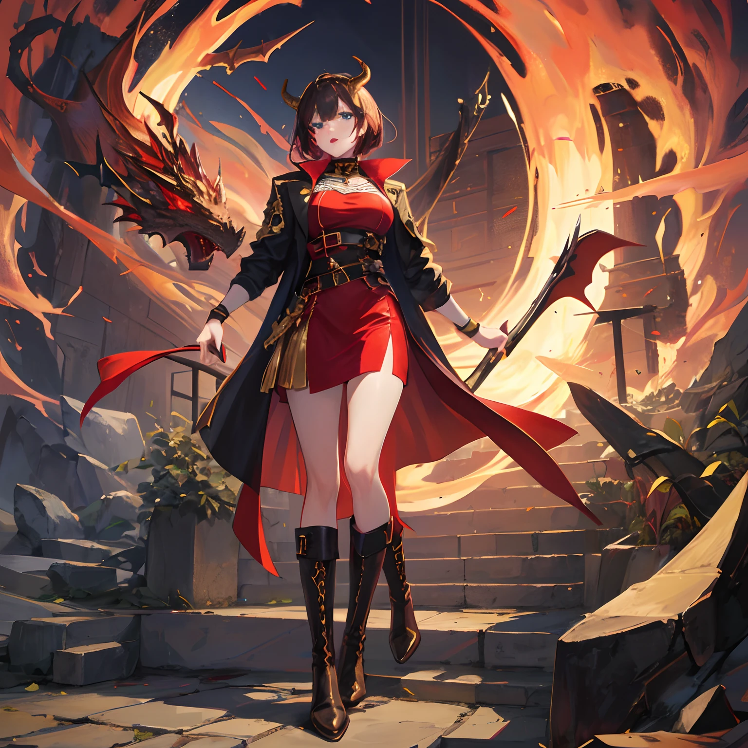 woman, brunette waivy short hair, gold-blue eyes, long boots, red and black outfit modern with oriental elements, dragon horns and dragon tail, red lipstick, in jacket with golden elements