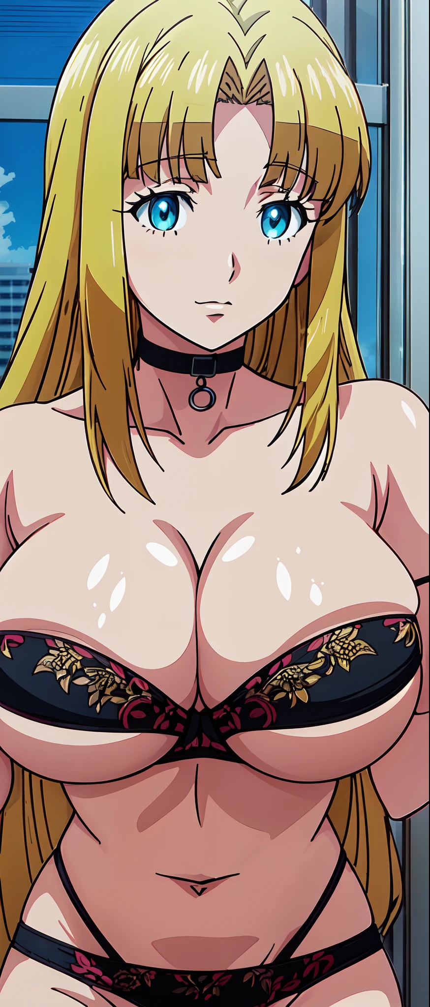 "(one beautiful woman),(blonde hair) ,(blue eyes),(((Huge tits))),(Beautiful eyes), (((standing))),(beautiful hair),(realistic),(8k),(masterpiece),(black briefs and bra),(lovely mother),(beautiful skin),(love hotel room background),(Beautiful anime face),(1girl),looking at viewer), (outdoors),(Specific  Anime Eyes), (Anime Wallpapers 4k), (Anime Wallpapers 8k),(Anime HD), (Beautiful Anime), (Detailed Anime Face) anime), (Photorealistic anime), (Detailed anime eyes), (Anime fine details), (Huge anime eyes)"