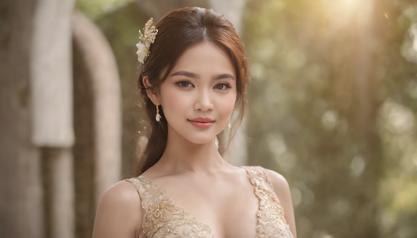 myth,argent,kebaya,Scroll,batik,sleeveless, treasure,universe, face the camera, smile, 19 year old girl, cute girl, beautiful girl, indonesian model, white healthy skin, delicate eyes, tied-up hair, jewelry earrings, gold tiara, full body photo, (sexy body), (expose breast), product photo shot, nsfw, topless, gorgeous boobs, Open clothes.