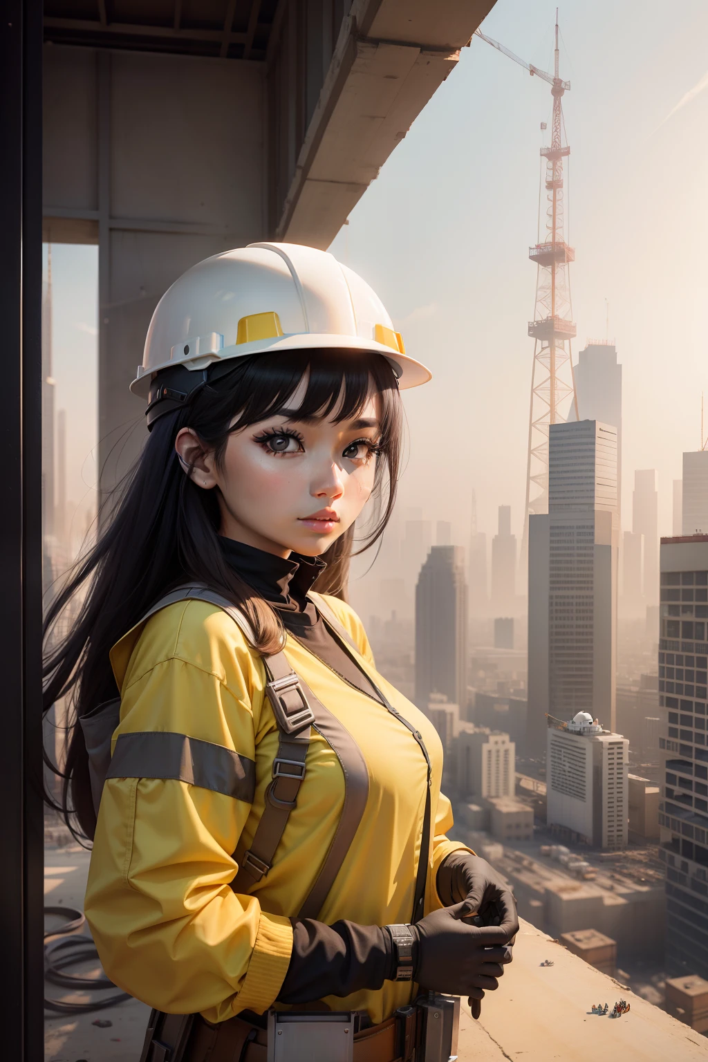 Arad woman in architectural clothing, Work on steel structure construction sites, Asian girl, Cute asian girl, A surreal girl, Surrealist female construction worker , Cute girl wearing construction helmet, Skyscraper construction site