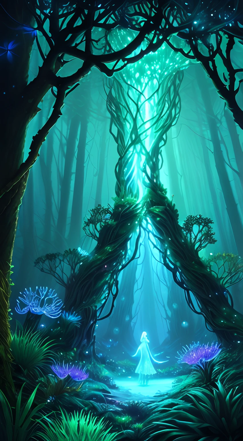Create a fantastical forest scene where luminous flora light up the night. Amidst the bioluminescence, an ethereal guardian creature emerges from the shadows.
