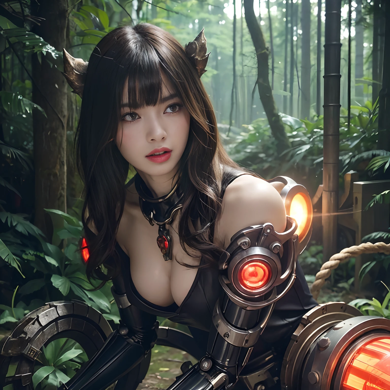 (1 Mechanical Girl)、top-quality、​masterpiece、超A high resolution、(Photorealsitic:1.4)、Raw photo、女の子1人、Fight mutants、glowy skin、(((1 Mechanical Girl)))、With a beautiful knife、（Yellow Metal Bodysuit）、(Kobold、ogre、Fierce battle with orcs),（Fight fiercely against aliens）、Fight fiercely、(beautiful forest background)、(Fighting Demonic Beasts)、(Small LED)、((super realistic details))、portlate、(Strong giant demon beast background),globalillumination、Shadow、octan render、8K、ultrasharp、Colossal tits、Raw skin is exposed in cleavage、metals、Details of complex ornaments、Japan details、highly intricate detail、Realistic light、(Mystical expression),CGSoation Trends、Red Eyes、radiant eyes、Facing the camera、neon details、(Mechanical limbs)、(blood vessels connected to tubes)、Mechanical vertebrae attached to the back、mechanical cervical attaching to neck、(Wires and cables connecting to the head)、Gundam、Small LED、,Mechanical thighs、Toostock、（Hands are also made of machines）、（Attack of the Monster Beasts）、（Wounded in a deadly battle）、