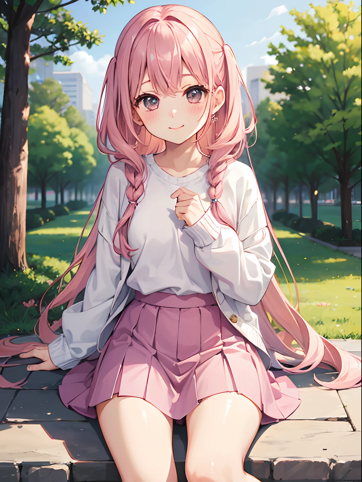 One girl、Pink hair、PastelColors、Cute、blush, tiny chest, sweater, mini skirt, overknee socks, thighs, noon, park, date, , smile, cold