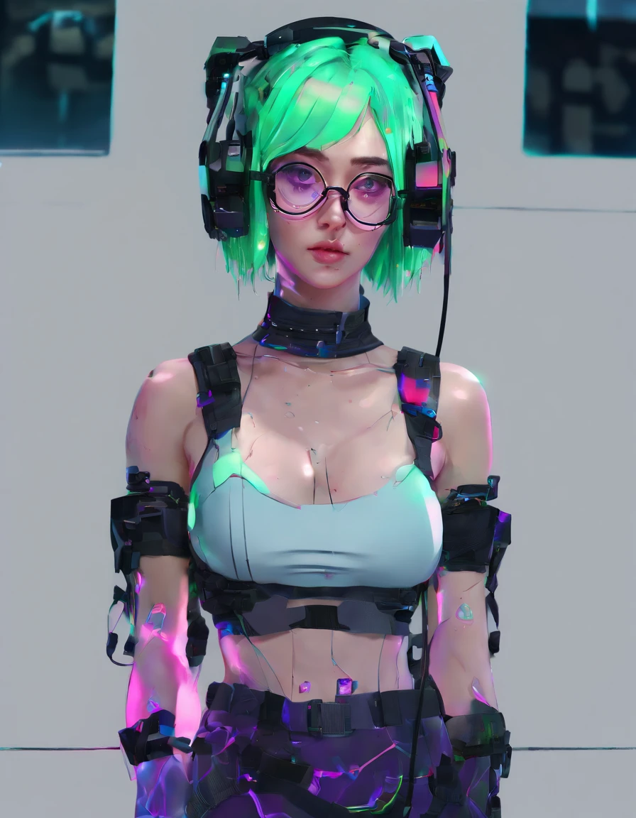cosplay, E-girl+++, fembot, shiny, green hair, glasses, wearing black frame glasses, female android, with glasses, Asian, malfunction fembot, popular pronstar, Scientistcosplay, {E-girl, fembot, shiny}, {green hair}, a woman glasses, wearing black frame glasses, beautiful female android beautiful, with glasses, {E-girl}, high res,{{fembot}} {Gamer girl}, E-thot, {{full body}}, Two-tone hair realistic, high-res, yandere,(masterpiece), best quality, expressive eyes, glowing eyes, (perfect face: 1.3), smile, beautiful woman, dominant, confident, highly detailed, extreme detail, raytracing, Volumetric lighting, and Dynamic Shadows. masterpiece, best quality, volumetric lighting, dynamic pose, intricately detailed outfit, intricately detailed face, perfect eyes", dynamic pose