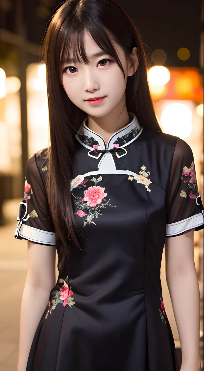 masutepiece, Best Quality, 8K, 10yaers old, Teen, Raw photo, absurderes, award winning portrait, Smile, Solo, (Night:1.8), Idol face, violaceaess, Delicate girl, Upper body, Digital SLR, Looking at Viewer, Candid, Sophisticated,Thin arms, Professional Lighting, Film grain, chromatic abberation, (Eyes and faces with detailed:1.0), (Bokeh:1.1) , (qipao dress:1.1) , closes mouth