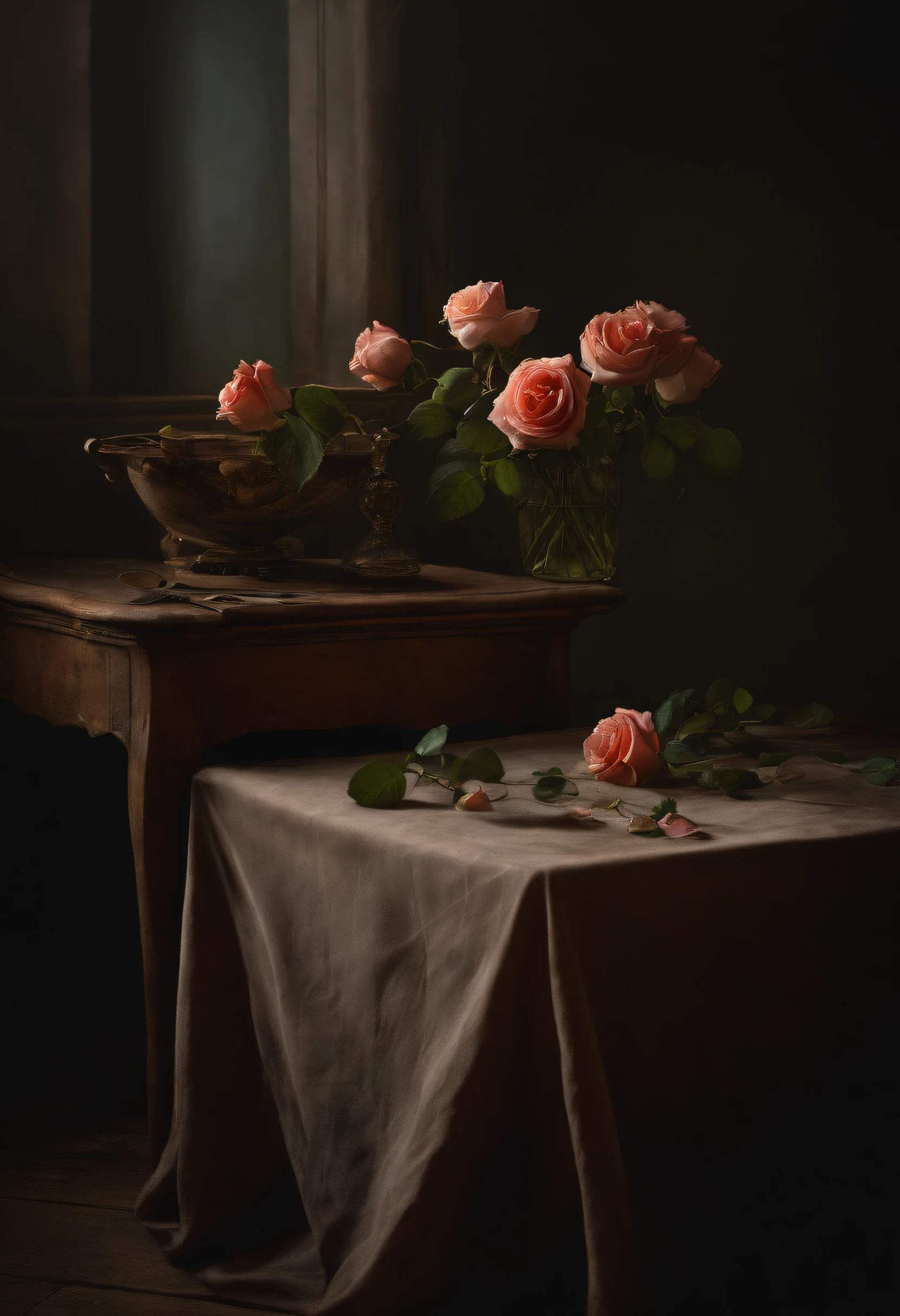 A detailed description of the prompt: 

"Best quality, A high resolution, Masterpiece:1.2, Ultra-detailed, Realistic:1.37, Withering roses，rose petals，Dark Still Life, Oil painting, mystical ambiance, Dim lighting, Rich textures, Vivid colors, Intricate details, intense shading, Aging objects, Withered rose A delicate reflection, GLOOMY AMBIANCE, hauntingly beautiful, Creepy elements, Delicate brushstrokes, Engaging composition。, Classical art style, Tonal contrast, Dramatic shadows, Spooky existence, Incredible objects, Intricate decay details, Gloomy color palette, The depth and dimensions of the capture, Emotions hidden in the dark, Realistic rendering, Strong chiaroscuro, Delicate texture, Tiny details of each object, An impeccable depiction of aging, Unforgettable vulnerability, Ethereal atmosphere, Complex layers of symbolism."