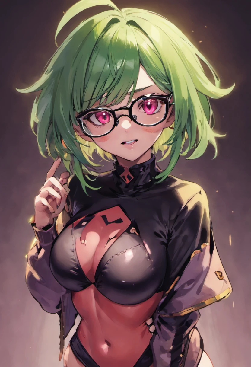 cosplay, E-girl+++, fembot, shiny, green hair, glasses, wearing black frame glasses, female android, with glasses, Asian, malfunction fembot, popular pronstar, Scientistcosplay, {E-girl, fembot, shiny}, {green hair}, a woman glasses, wearing black frame glasses, beautiful female android beautiful, with glasses, {E-girl}, high res,{{fembot}} {Gamer girl}, E-thot, {{full body}}, Two-tone hair realistic, high-res, yandere,(masterpiece), best quality, expressive eyes, glowing eyes, (perfect face: 1.3), smile, beautiful woman, dominant, confident, highly detailed, extreme detail, raytracing, Volumetric lighting, and Dynamic Shadows. masterpiece, best quality, volumetric lighting, dynamic pose, intricately detailed outfit, intricately detailed face, perfect eyes", dynamic pose
