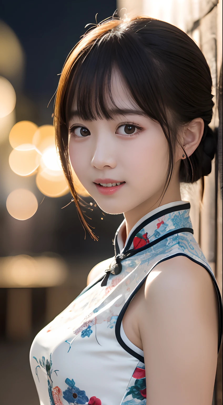 masutepiece, Best Quality, 8K, ers old, Teen, Raw photo, absurderes, award winning portrait, Smile, Solo, (Night:1.8), Idol face, violaceaess, Delicate girl, Upper body, Digital SLR, Looking at Viewer, Candid, Sophisticated,Thin arms, Professional Lighting, Film grain, chromatic abberation, (Eyes and faces with detailed:1.0), (Bokeh:1.1) , (qipao dress:1.1) , closes mouth