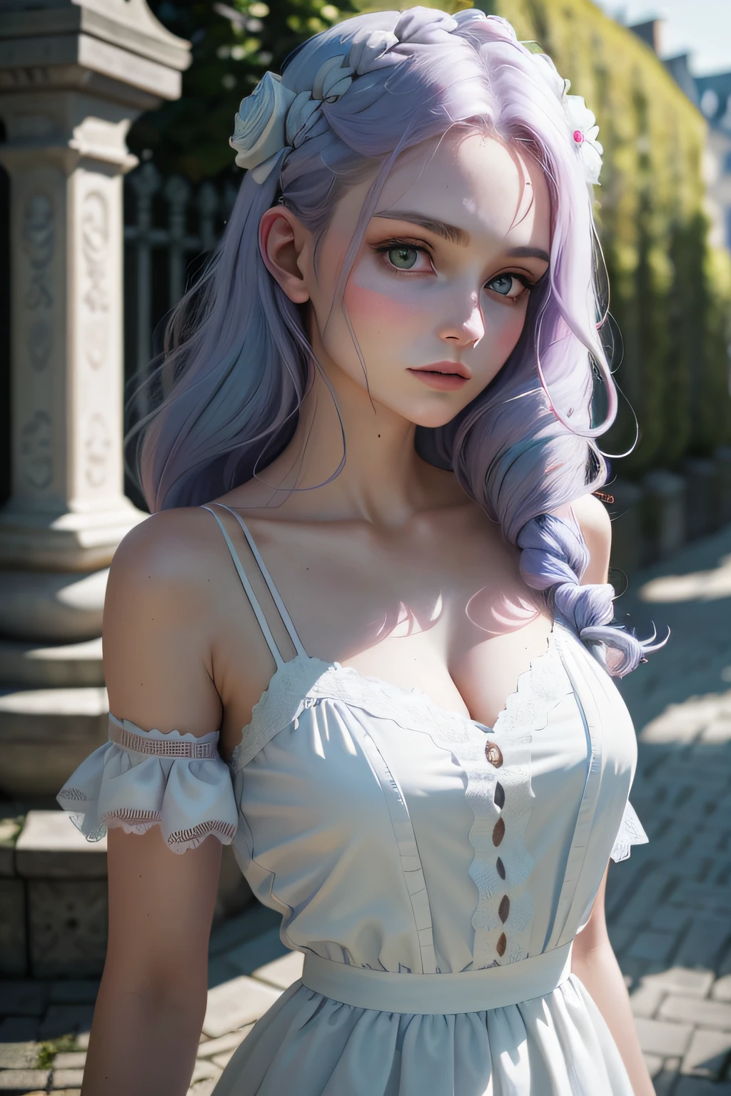 ultra realistic professional full body camera   (((white Lace dress, pink hair flowered garden  )))  (photo 1028k qhd) by (James C. Christensen:1.2|Jeremy Lipking:1.1), (Dittmann Anna:0.3), (jiner:0.3), (mise au point nette:1.3) lndswgnr,High detail, instagram top model,blonde hair, beautiful detailed baby blue eyes, k eyes,(eye (eye makeup: 1.2) sleeping Pose of the Instagram model, perfect button nose, attractive lip shape has an upper-to-lower lip ratio of 1:2, perfect ivory skin confiant, (((anatomycally perfect 25 old ladie hand,finger, nail))),fille en forme Fille maigre et sexy, breast:1.2, anatomie parfaite, Perfect symmetry:1.2, Realstic position, realistic and gorgeous face:1.2, perfect face, highly detailled, happy, confident, ighting cinematic, Lighting scene, soft lights, instagram standing pose (((baby blue eyes,, Fille maigre et sexy, breast:1.2 perfect charming face, attractive lip and nose, (masterpiece, best quality:1.6), white lace dress, cowboy shot, thighs, beautiful girl, (flowers, many small white petals:1.3), garden, blue sky, looking at viewer, small waist, official art, raw photo, incredibly absurdres, facelight, dynamic lighting, cinematic lighting, ultra realistic, highres, photography, sharp focus, highest detailed, extreme detailed, ultra detailed, finely detail, extremely detailed eyes and face