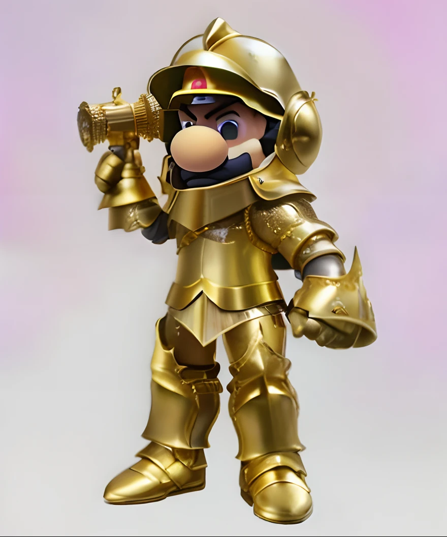 there is a gold knight, Luigi, inspired by Luigi knoght, Luigi as a soldier, gold armour suit, gold armour, gold armor, wearing gold armor, smooth gold armor, sleek gold armor, high detail iconic character, Luigi as a world war i soldier, light gold armor