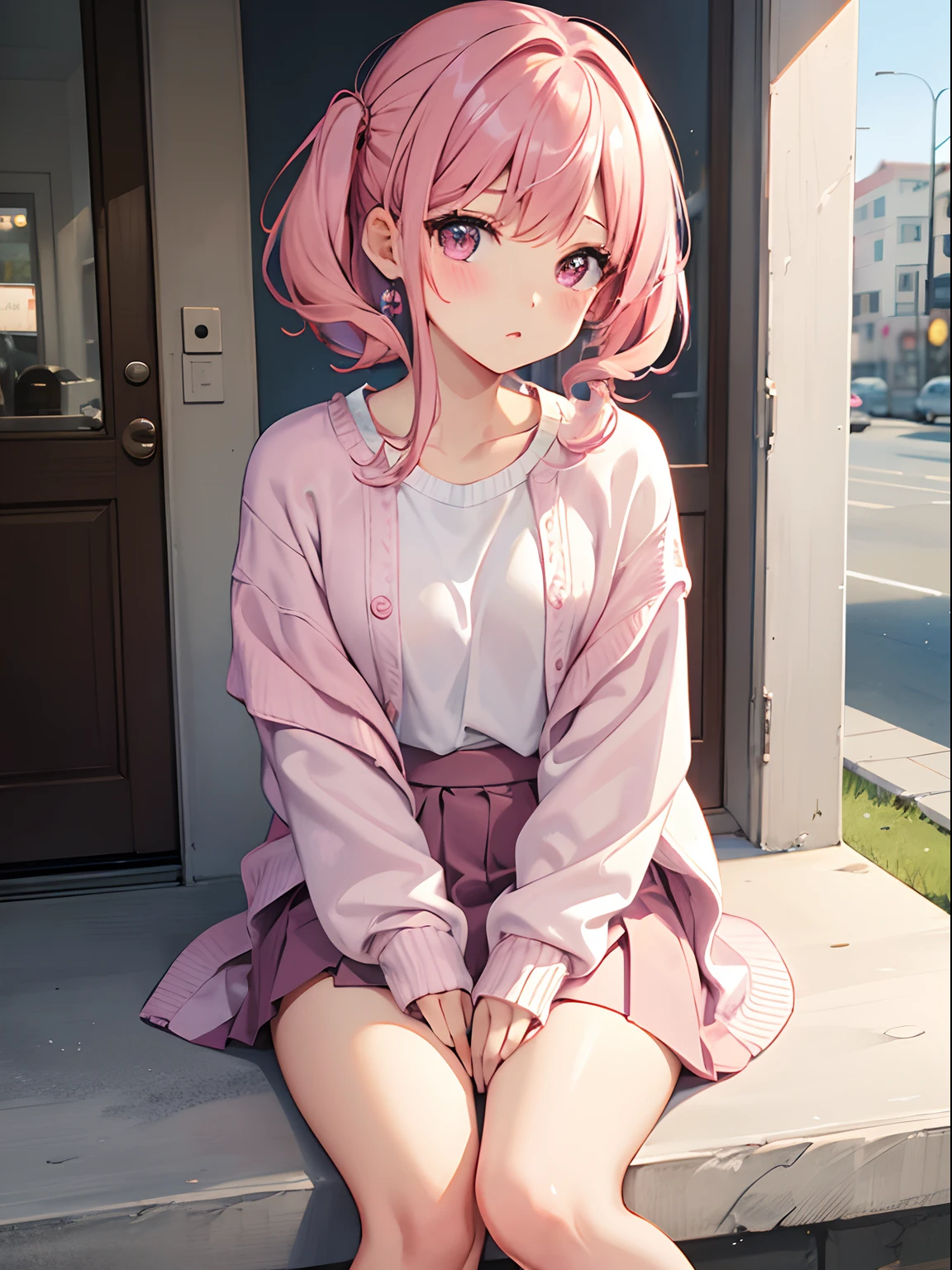 One girl、Pink hair、PastelColors、Cute、blush, tiny chest, sweater, mini skirt, overknee socks, thighs, noon, park, date, cold