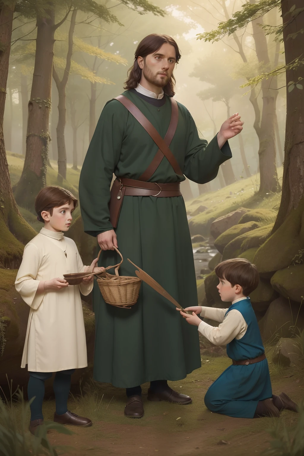 Year: 11th century. Location: Kilmarnock, Scotland. Pre-raphaelite scene with a 33-year-old english man, physician, with ((two sons)), ((8 and 9--old s)), gathering herbs in a scottish forest, foraging, ((((11th century plain tunic)))) ((11th century hairstyle)), (((cinematic style)))